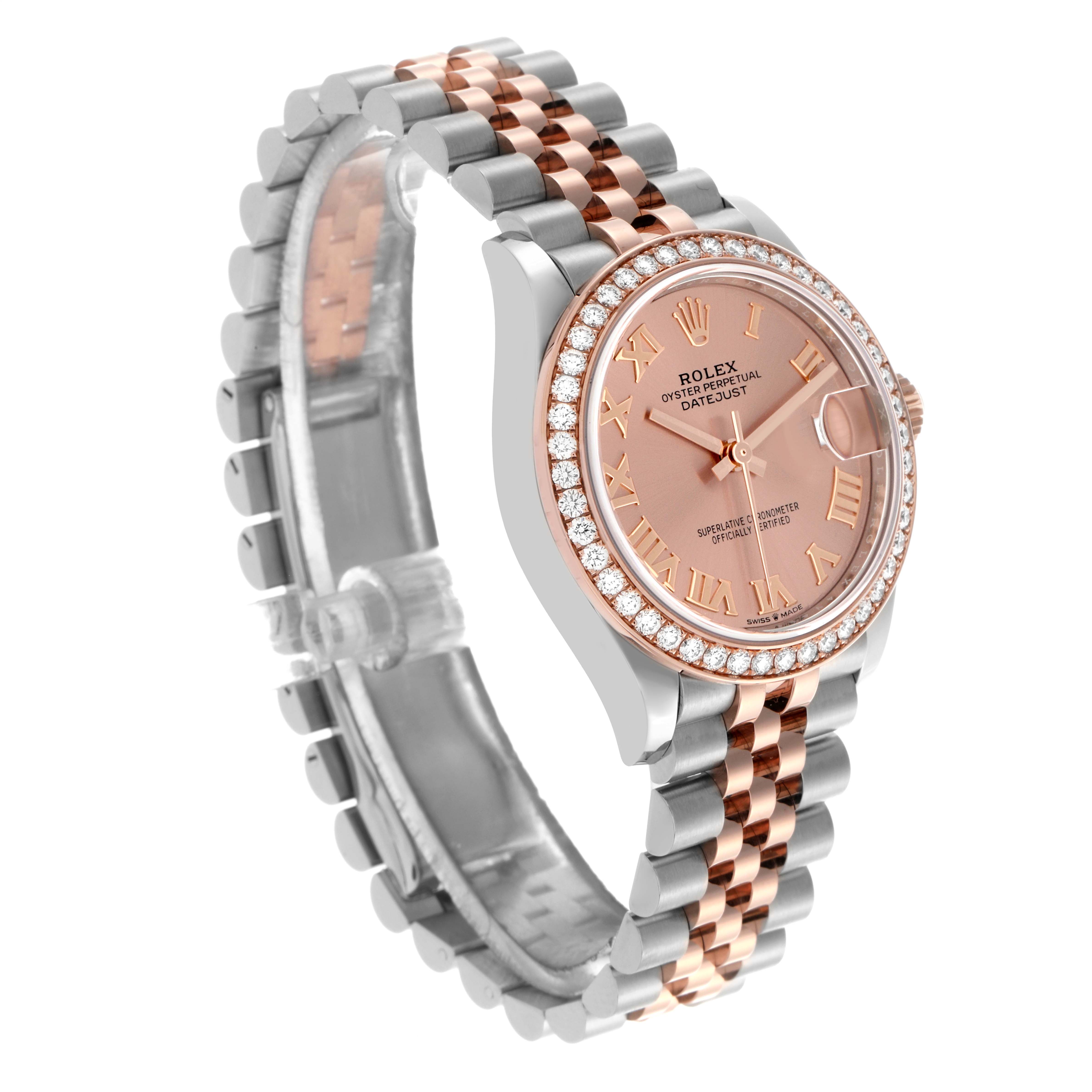 This Rolex Datejust Mid-Size watch is shown at a three-quarter angle, displaying the face, bezel, and bracelet.