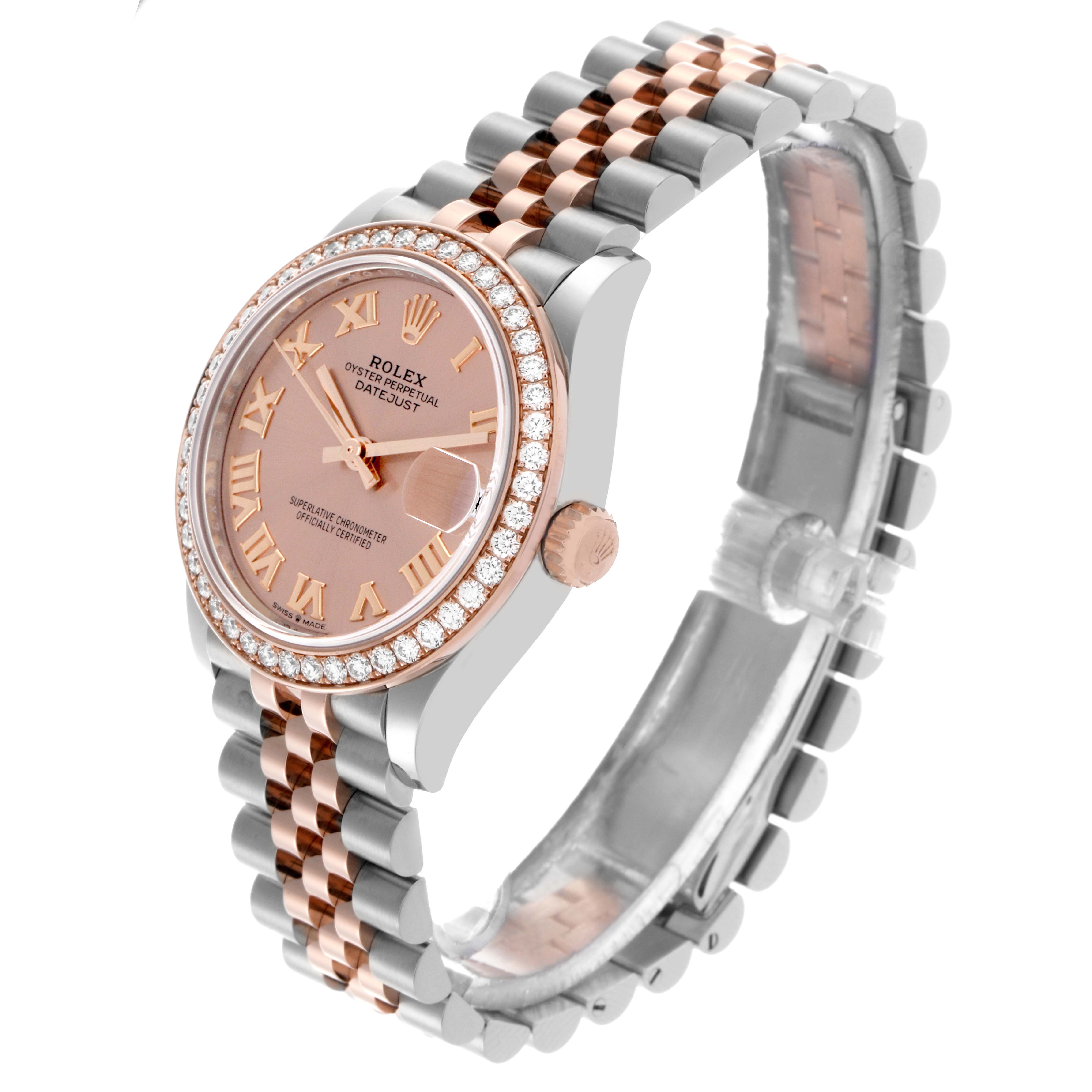 The Rolex Mid-Size 278381 Women's Steel and Gold (two tone) Pink Dial 278381 Women's Steel and Gold (two tone) Pink Dial watch is shown at an angled side view, displaying the face, bezel, and bracelet.