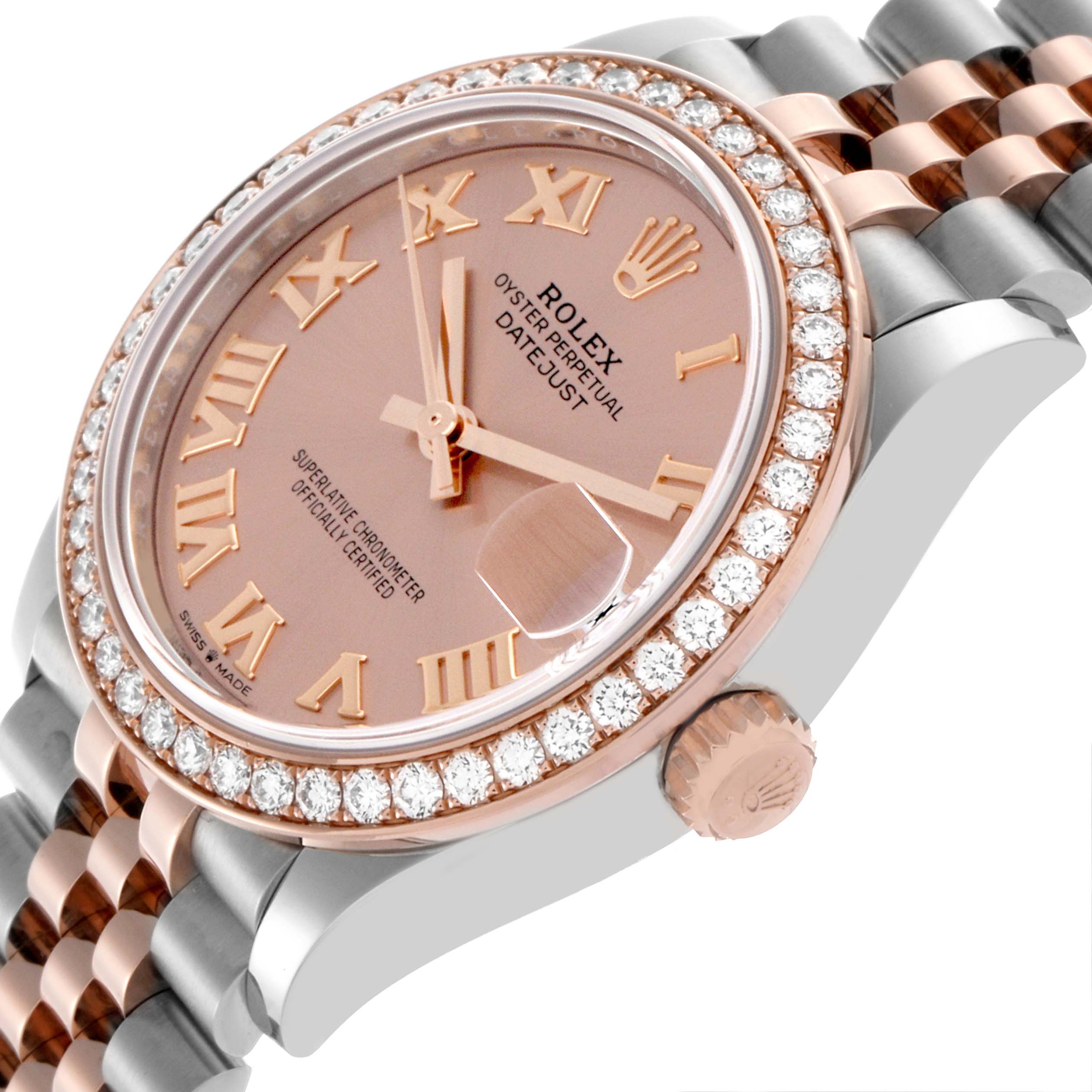 The Rolex Mid-Size 278381 Women's Steel and Gold (two tone) Pink Dial 278381 Women's Steel and Gold (two tone) Pink Dial watch is shown at a side angle, highlighting the face, diamond bezel, Roman numerals, and part of the bracelet.