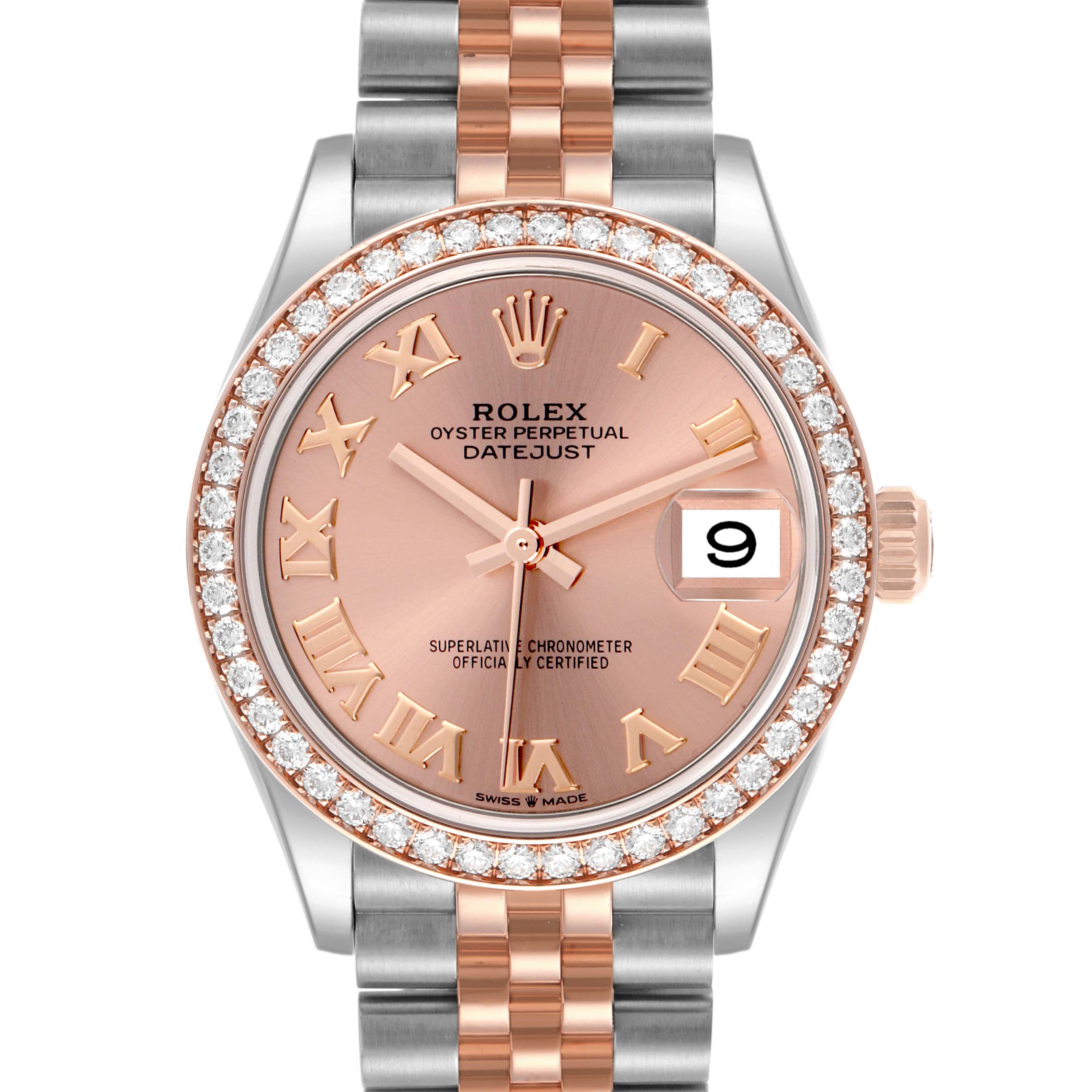 The Rolex Datejust mid-size model is shown face-on, featuring a rose gold dial, diamond bezel, and two-tone bracelet.