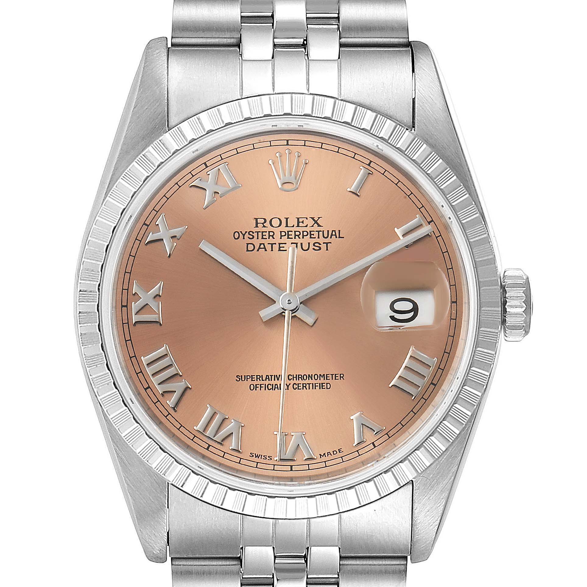 The image shows a front view of a Rolex Datejust 16220 Men
s Stainless Steel Pink Dial 16220 Men
s Stainless Steel Pink Dial watch, highlighting its dial, hands, bezel, and bracelet.