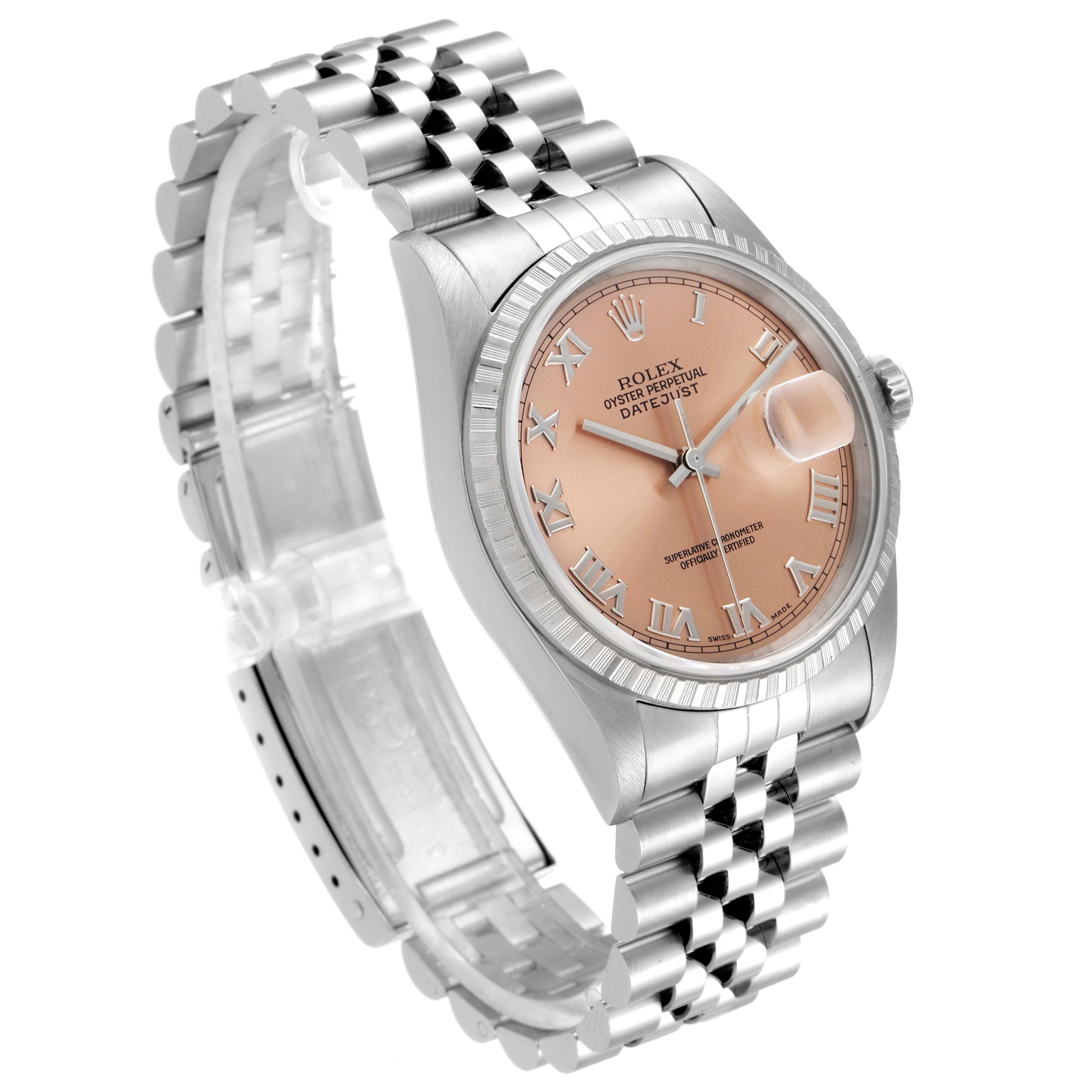 The Rolex Datejust 16220 Men
s Stainless Steel Pink Dial 16220 Men
s Stainless Steel Pink Dial watch is shown at an angled perspective showcasing its dial, case, and bracelet.