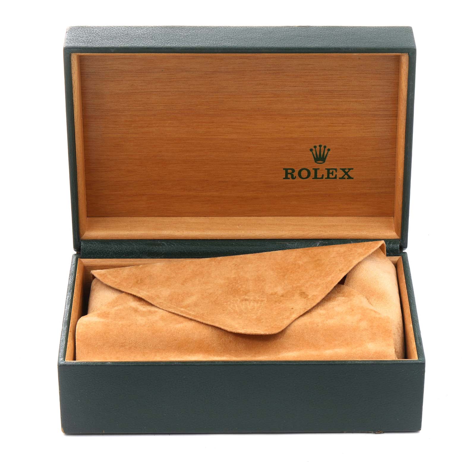 The image shows a Rolex Datejust 16220 Men
s Stainless Steel Pink Dial 16220 Men
s Stainless Steel Pink Dial watch box with a suede pouch inside, photographed from the front at eye level.