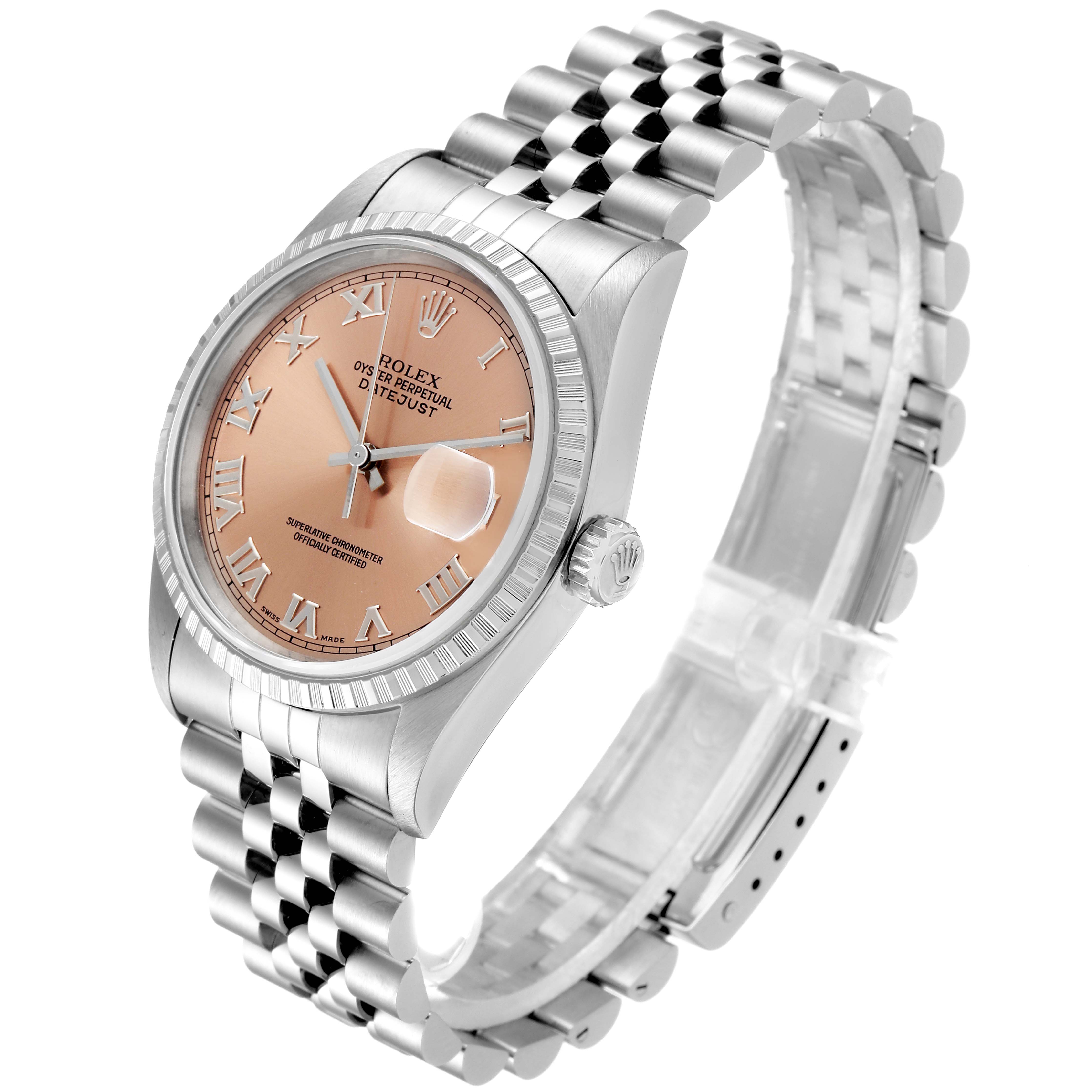 This Rolex Datejust 16220 Men
s Stainless Steel Pink Dial 16220 Men
s Stainless Steel Pink Dial watch is shown at a right-side angle displaying the face, bezel, crown, and part of the bracelet.