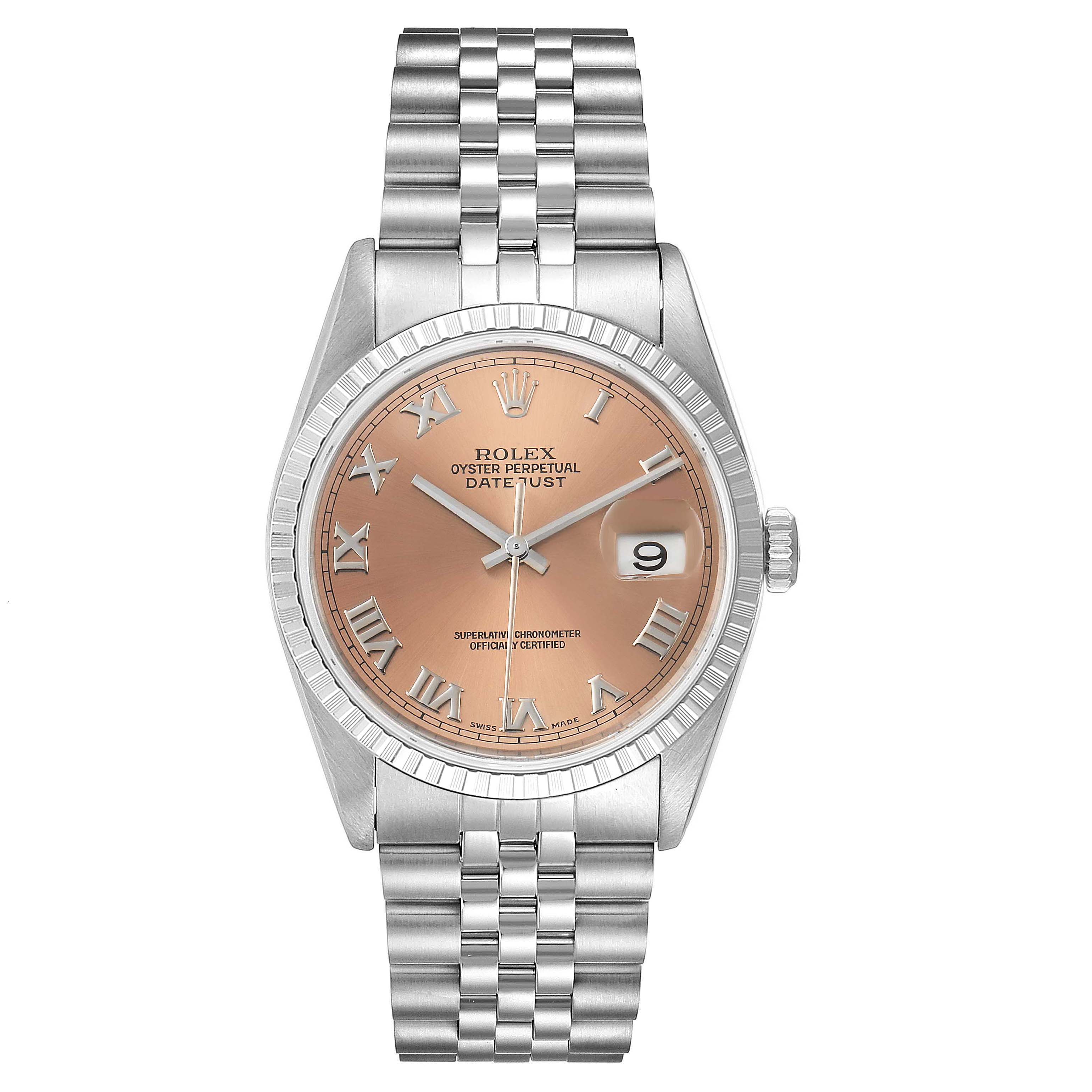 This image shows a Rolex Datejust 16220 Men
s Stainless Steel Pink Dial 16220 Men
s Stainless Steel Pink Dial watch from a front view, highlighting the face, bezel, and bracelet.