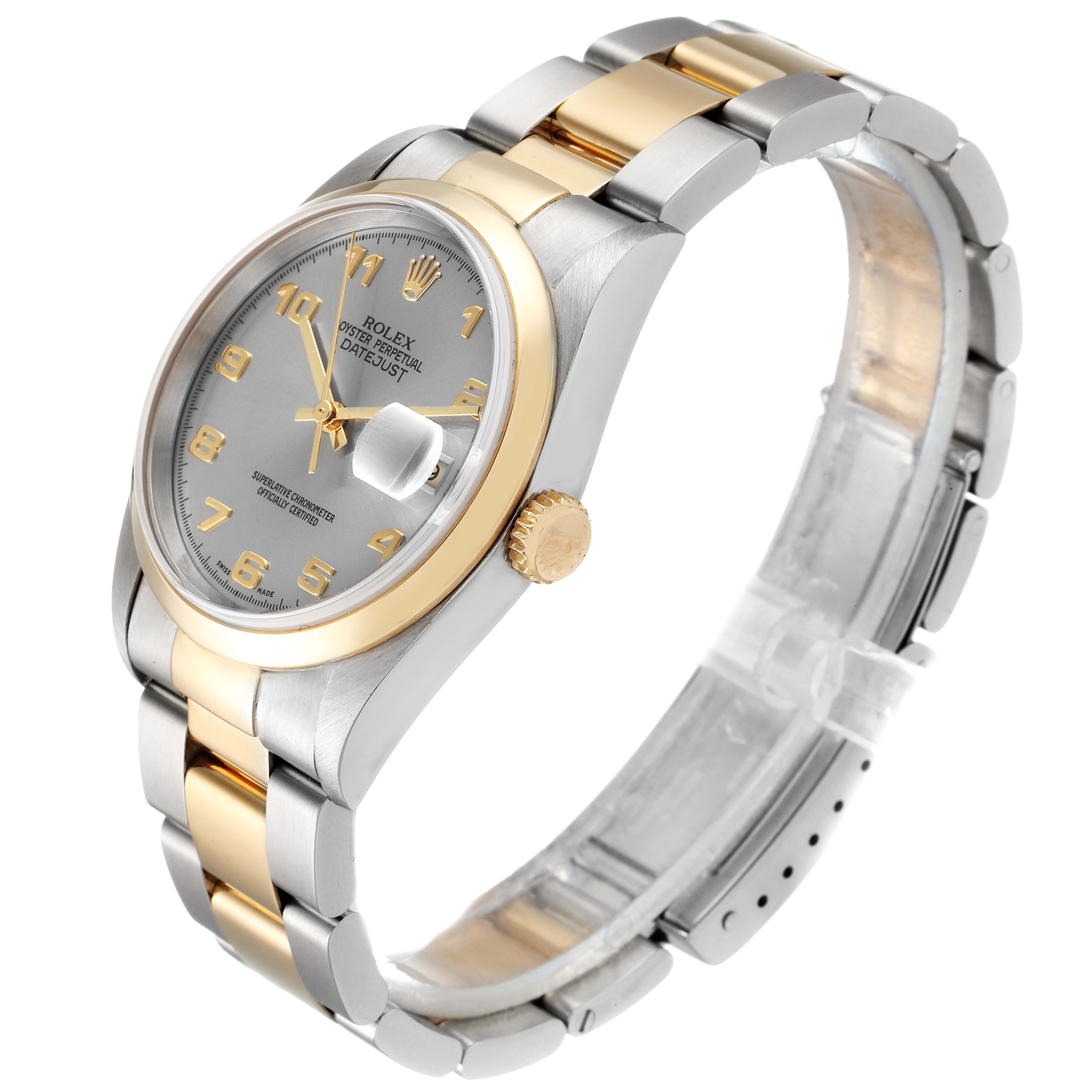 A Rolex Datejust 16203 Men's Steel and Gold (two tone) Grey Dial 16203 Men's Steel and Gold (two tone) Grey Dial watch is shown at a slight angle displaying the face, crown, and two-tone bracelet.