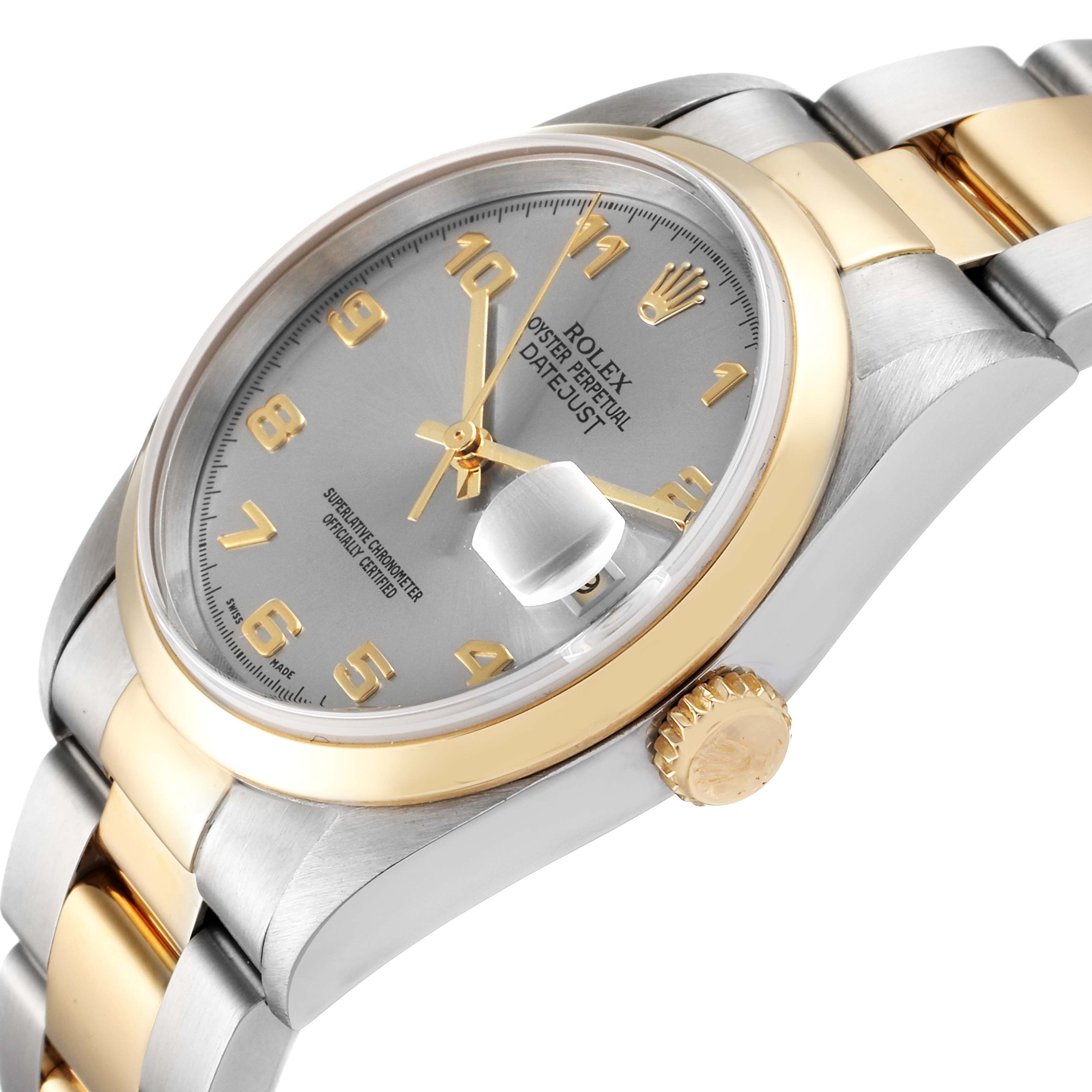 This image shows a side view of a Rolex Datejust 16203 Men's Steel and Gold (two tone) Grey Dial 16203 Men's Steel and Gold (two tone) Grey Dial, highlighting its bezel, crown, band, and face.