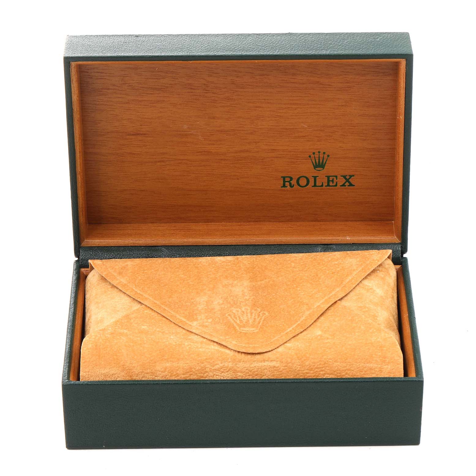 This image shows an open Rolex Datejust 16203 Men's Steel and Gold (two tone) Grey Dial 16203 Men's Steel and Gold (two tone) Grey Dial box with a suede pouch inside.