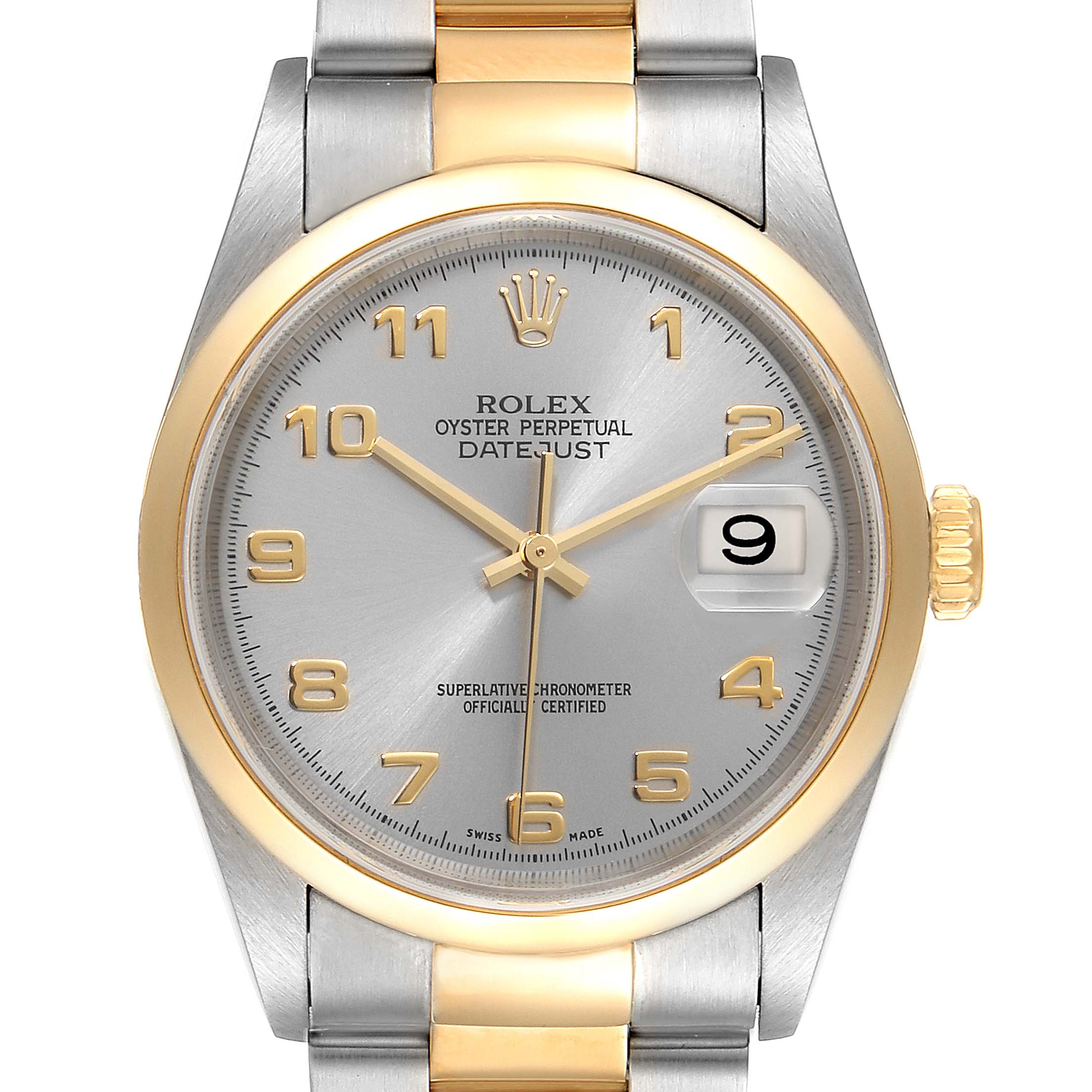 This image showcases a Rolex Datejust 16203 Men's Steel and Gold (two tone) Grey Dial 16203 Men's Steel and Gold (two tone) Grey Dial watch from a top-down angle with a focus on the dial, hands, bezel, and part of the bracelet.