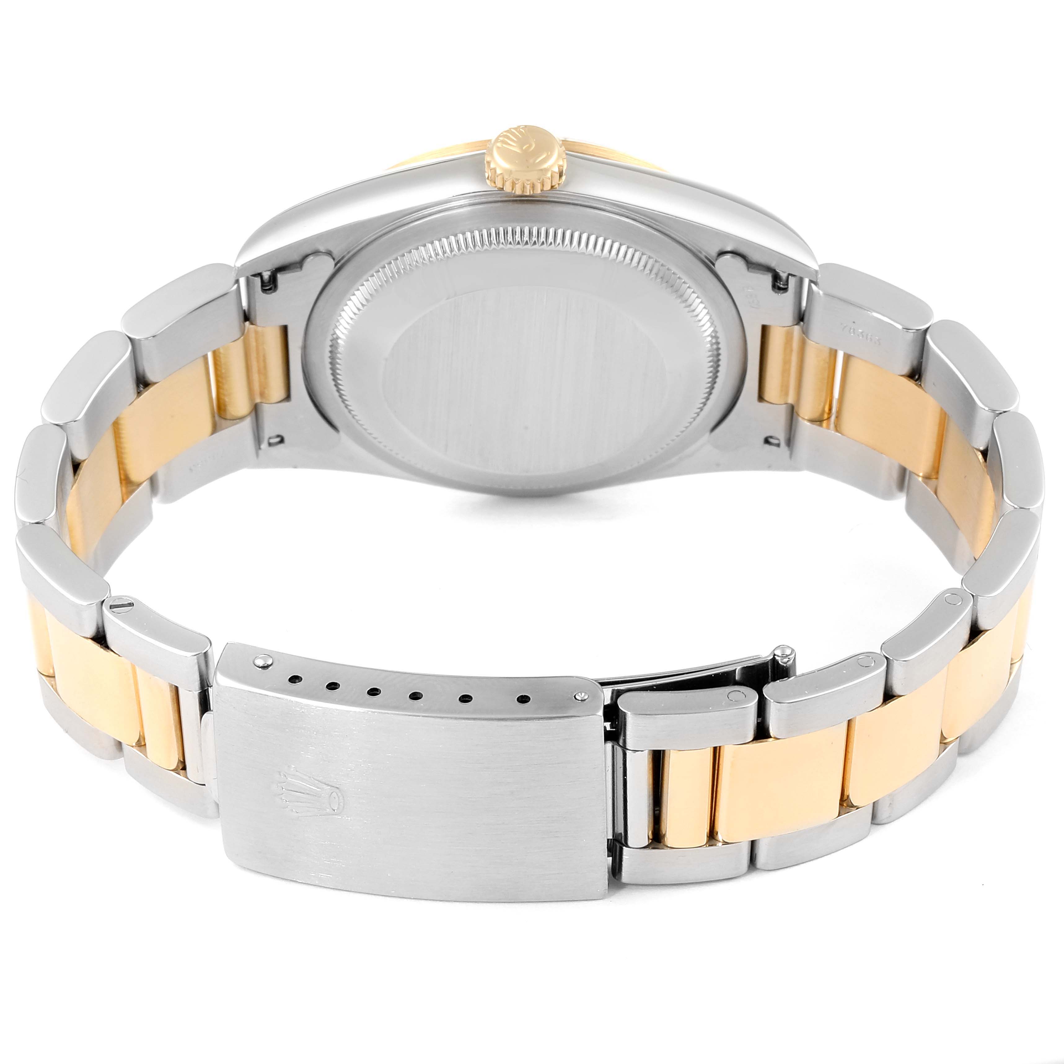The image shows the back of a Rolex Datejust 16203 Men's Steel and Gold (two tone) Grey Dial 16203 Men's Steel and Gold (two tone) Grey Dial watch, highlighting the bracelet and clasp.