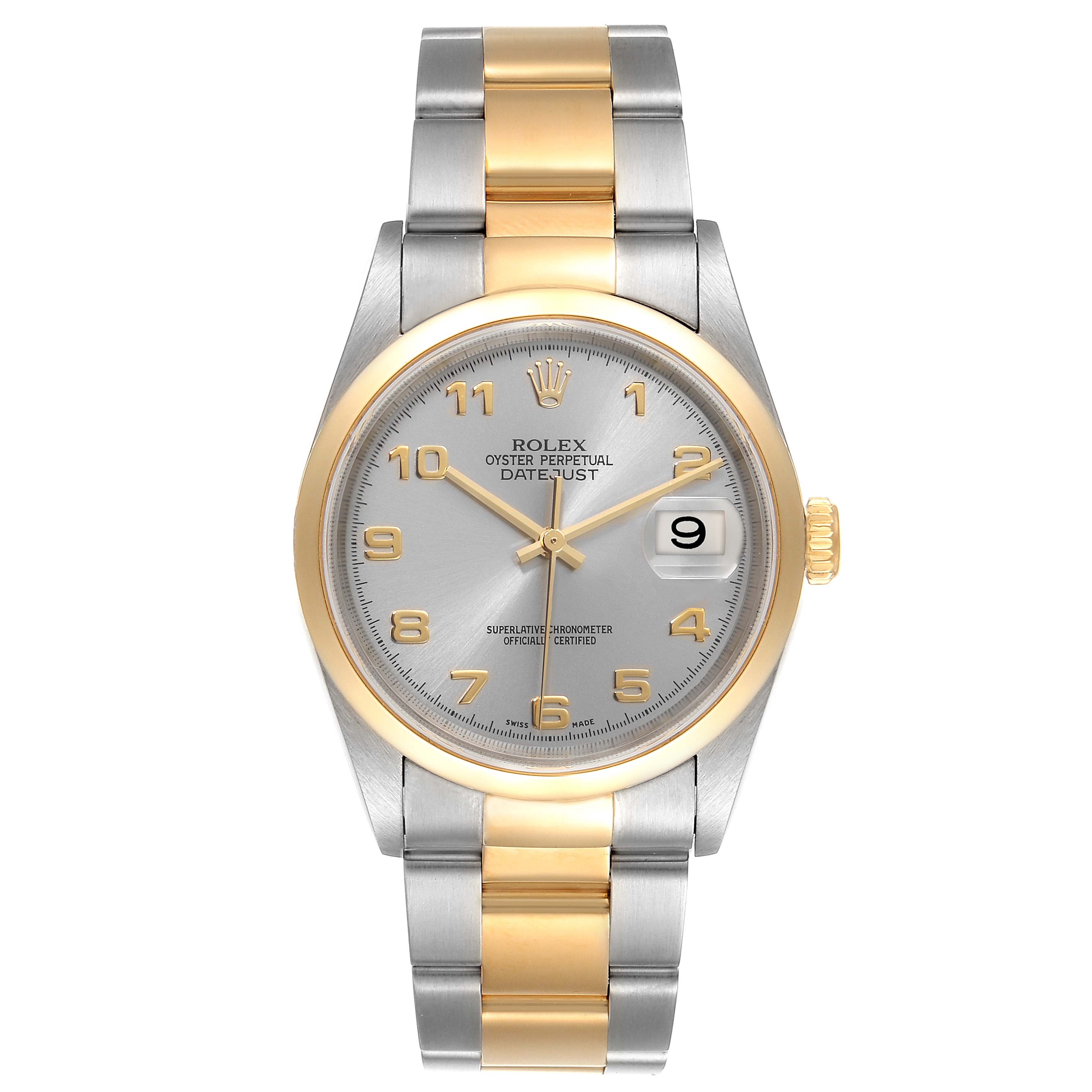 The image shows a front view of a Rolex Datejust 16203 Men's Steel and Gold (two tone) Grey Dial 16203 Men's Steel and Gold (two tone) Grey Dial watch with a two-tone bracelet and a silver dial.