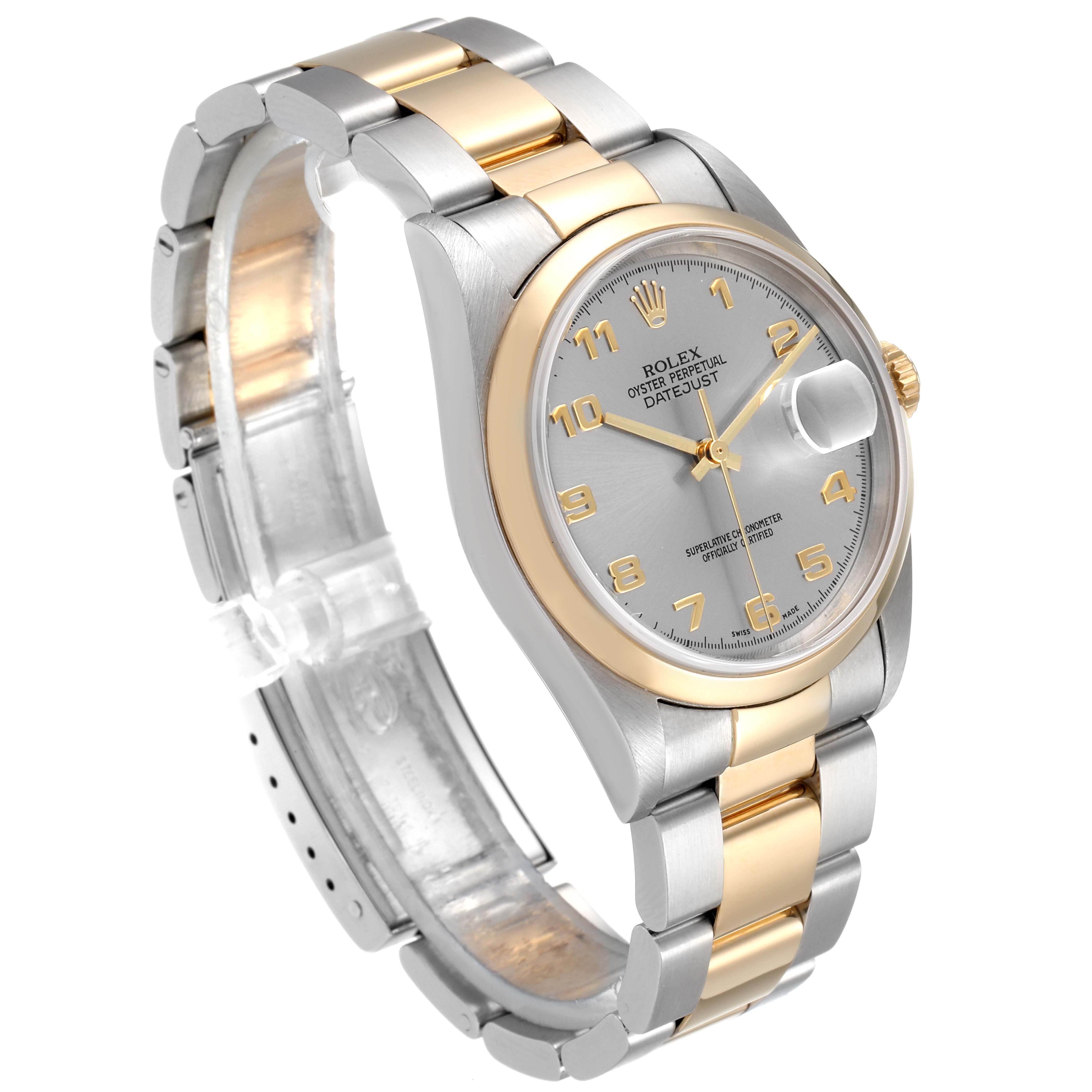 The image shows the Rolex Datejust 16203 Men's Steel and Gold (two tone) Grey Dial 16203 Men's Steel and Gold (two tone) Grey Dial model at a slight angle, highlighting the watch face, bracelet, and crown.