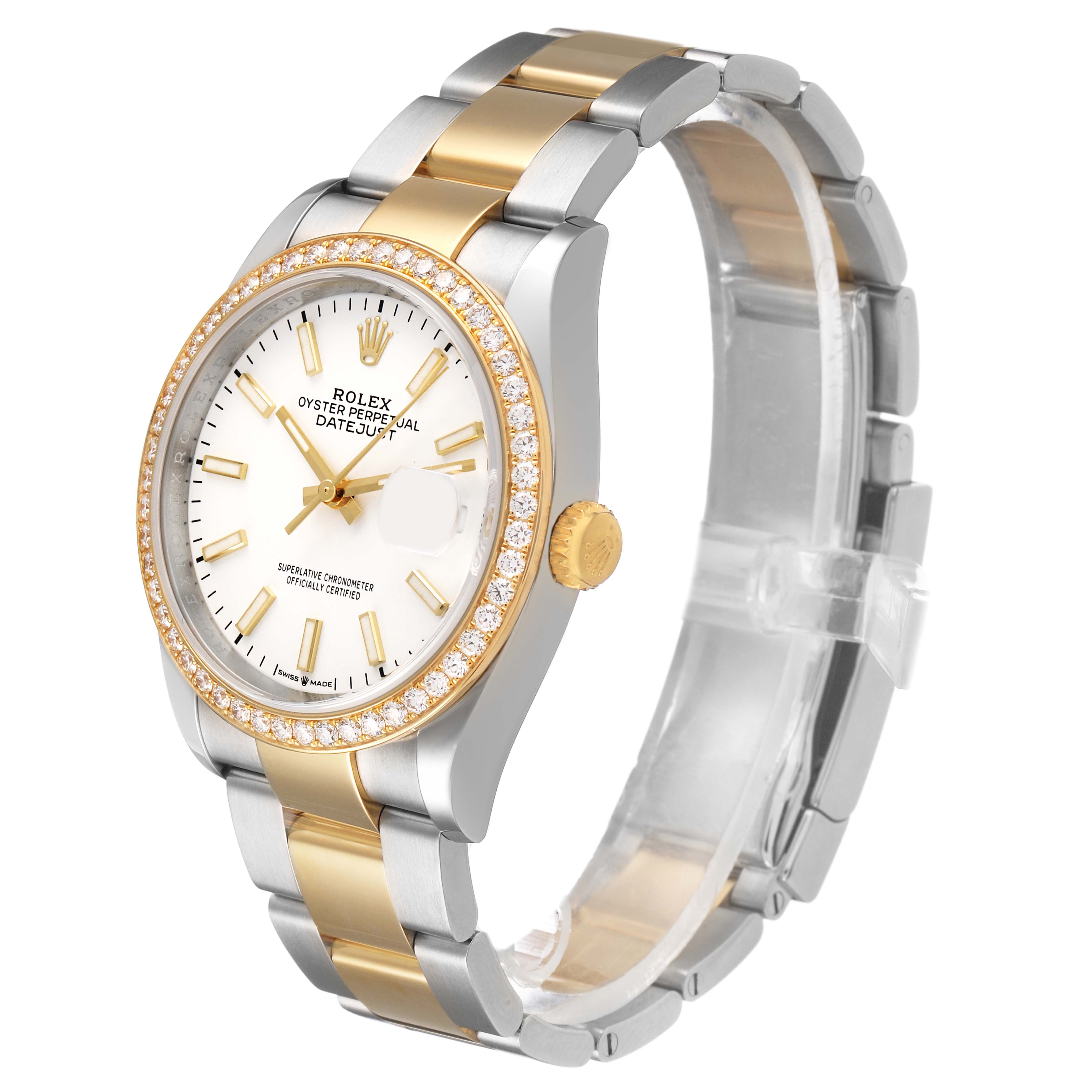 The Rolex Datejust 126283 Men's Steel and Gold (two tone) White Dial watch is shown at a three-quarter angle, highlighting the bezel, dial, and bracelet.