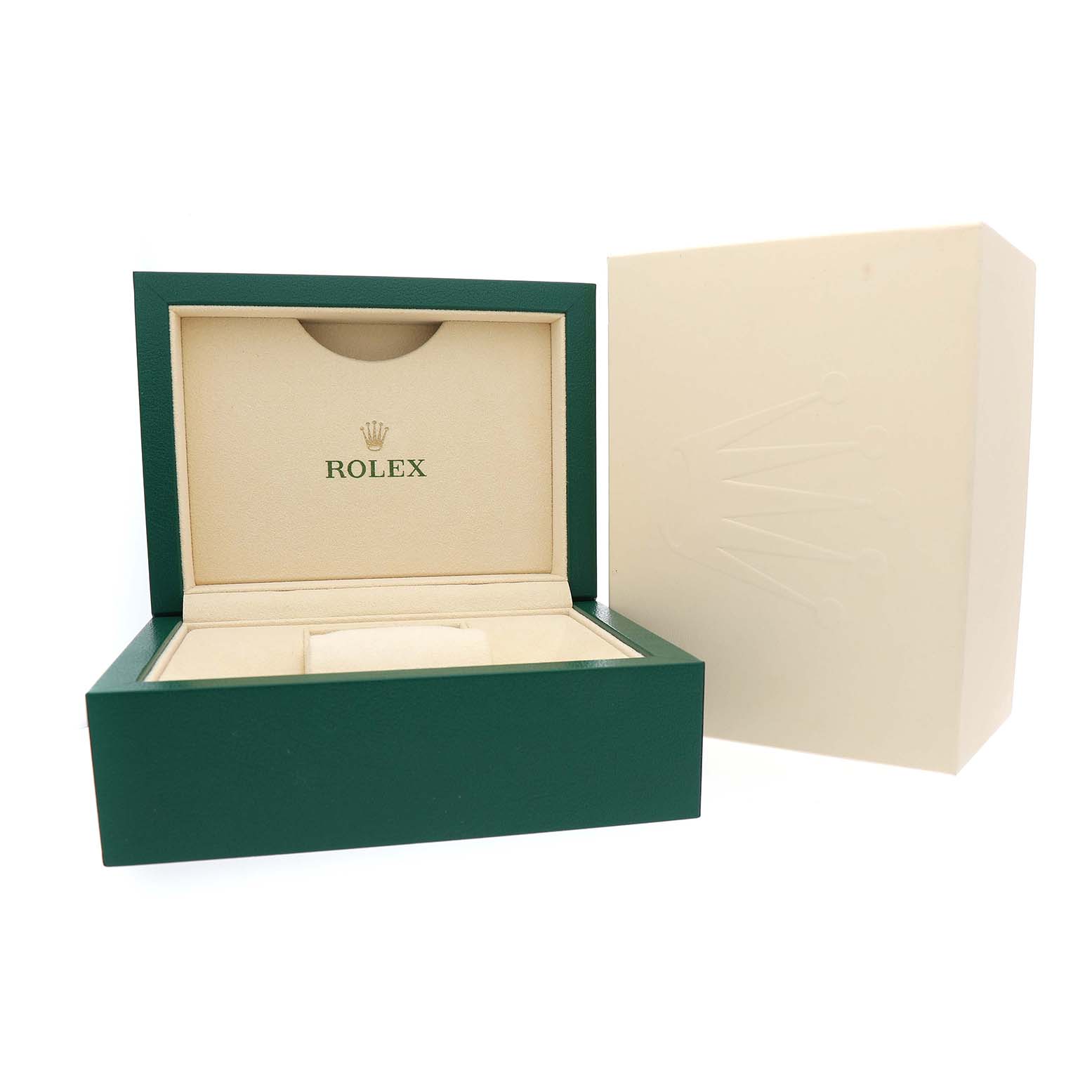 The image shows an open Rolex Datejust 126283 Men's Steel and Gold (two tone) White Dial box with the outer box next to it.