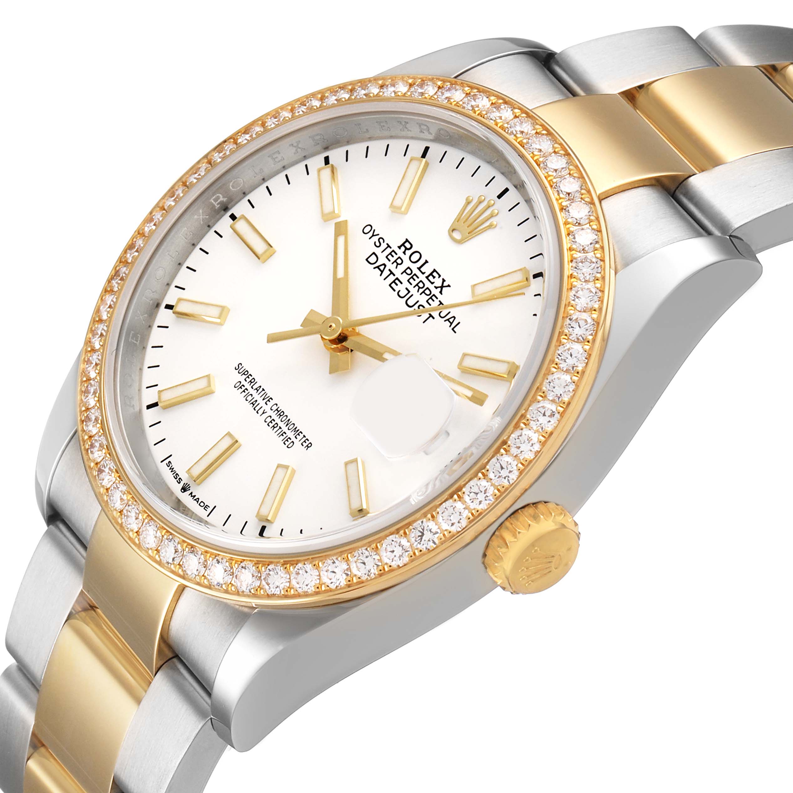 The Rolex Datejust 126283 Men's Steel and Gold (two tone) White Dial watch is shown from an angled side view highlighting the bezel, crown, dial, and bracelet.