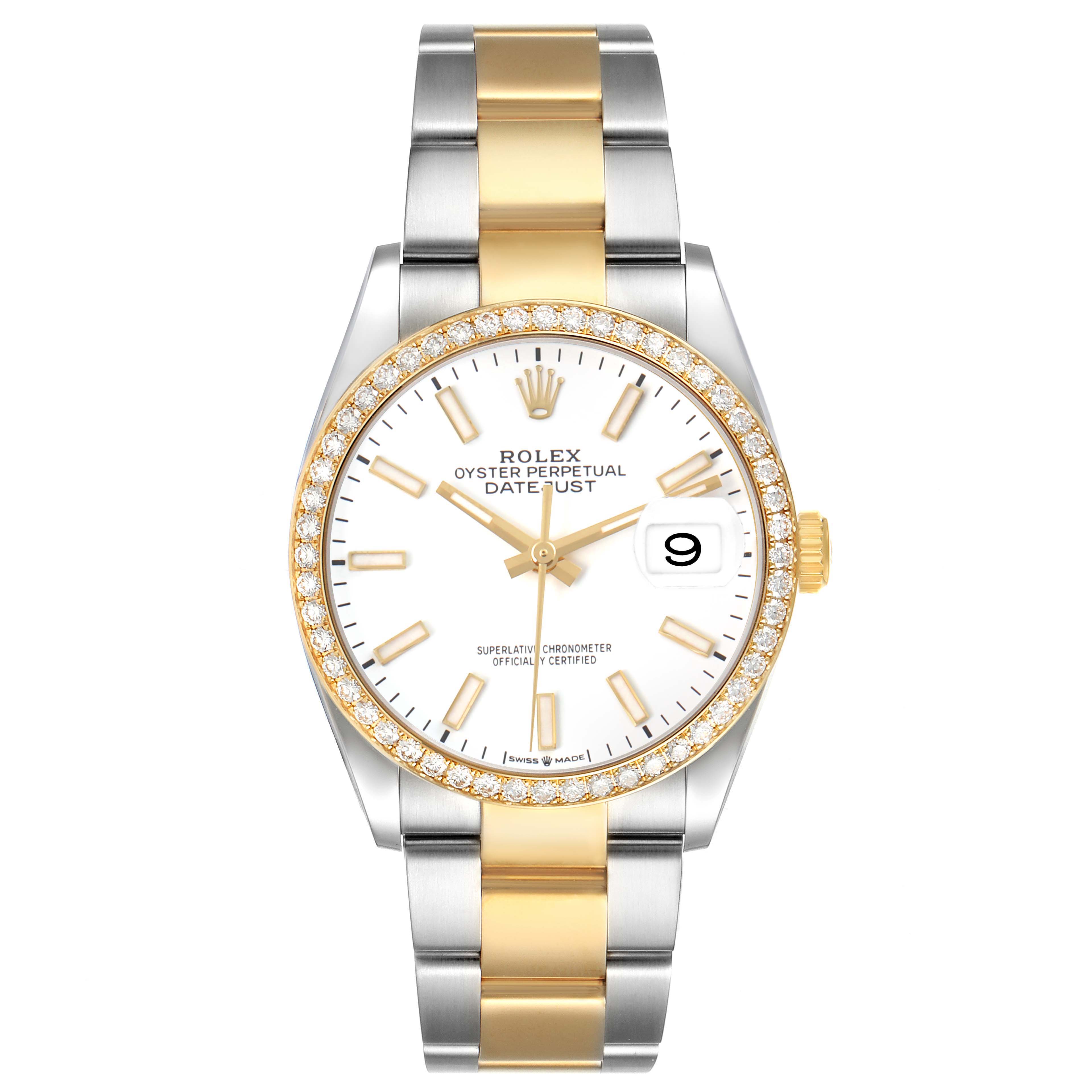 The Rolex Datejust 126283 Men's Steel and Gold (two tone) White Dial watch is shown from the front, featuring the dial, bezel, bracelet, and crown.
