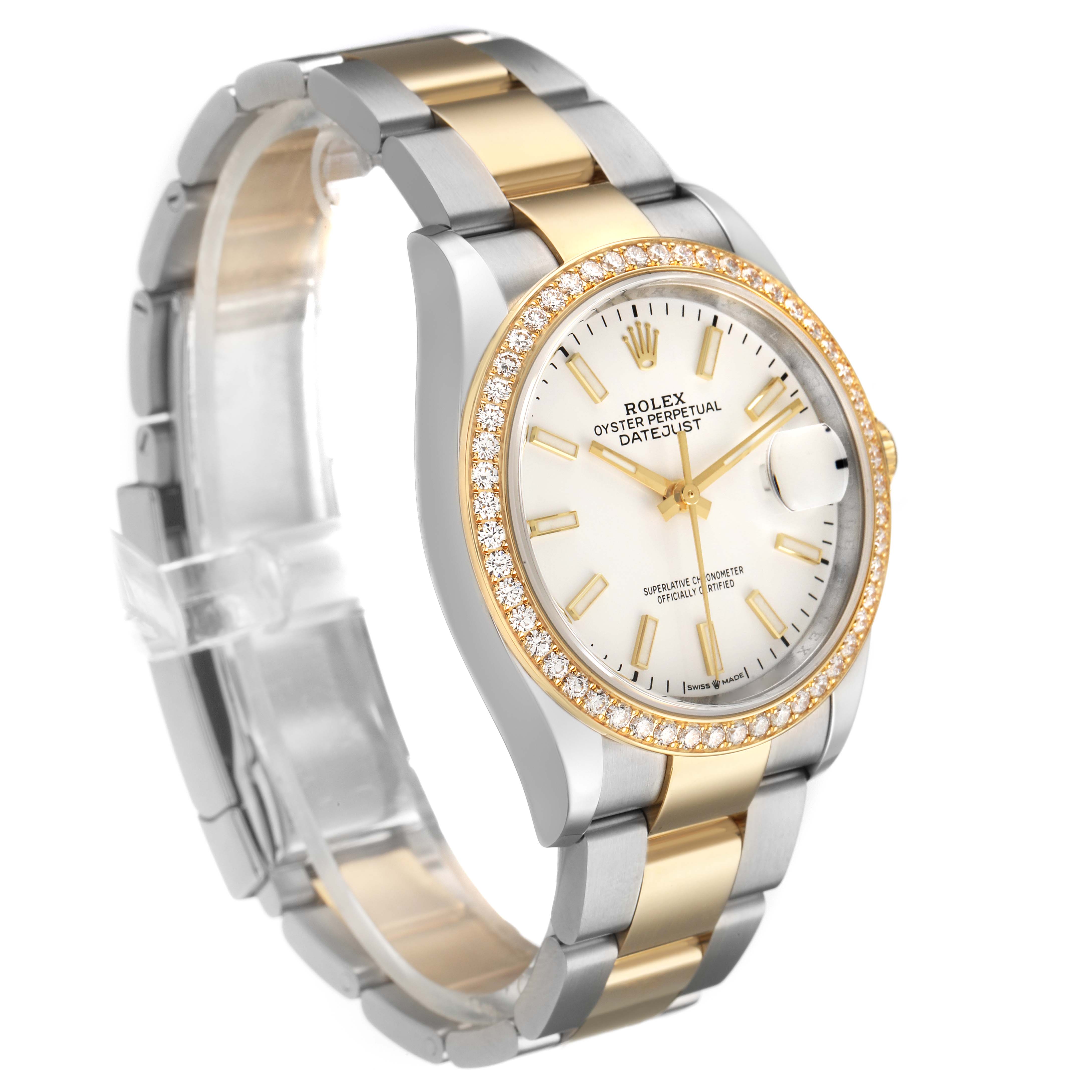 The Rolex Datejust 126283 Men's Steel and Gold (two tone) White Dial watch is shown at a three-quarter angle, highlighting the bezel, dial, bracelet, and crown.