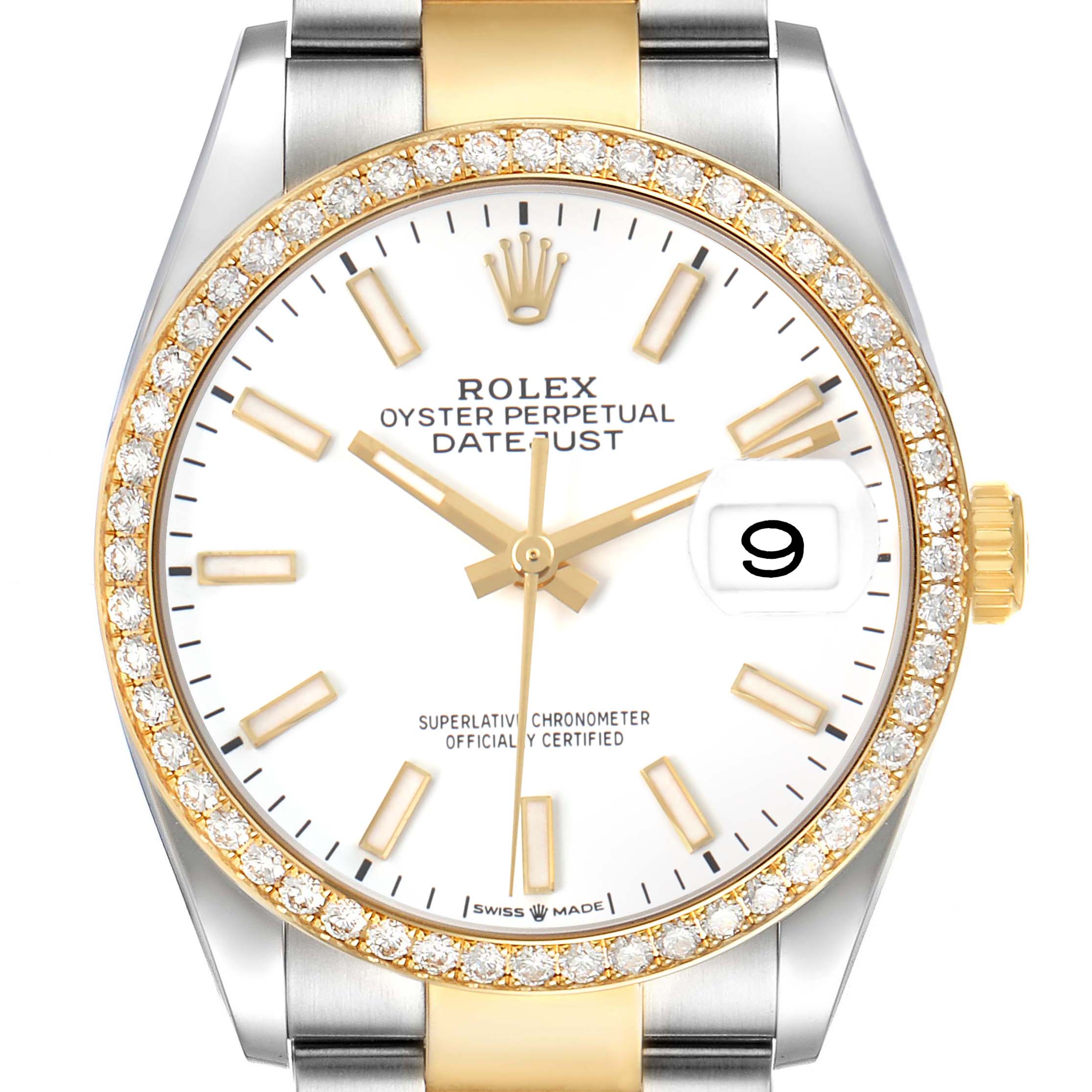 The image shows a Rolex Datejust 126283 Men's Steel and Gold (two tone) White Dial watch from a front angle, highlighting the dial, crown, and diamond-set bezel.