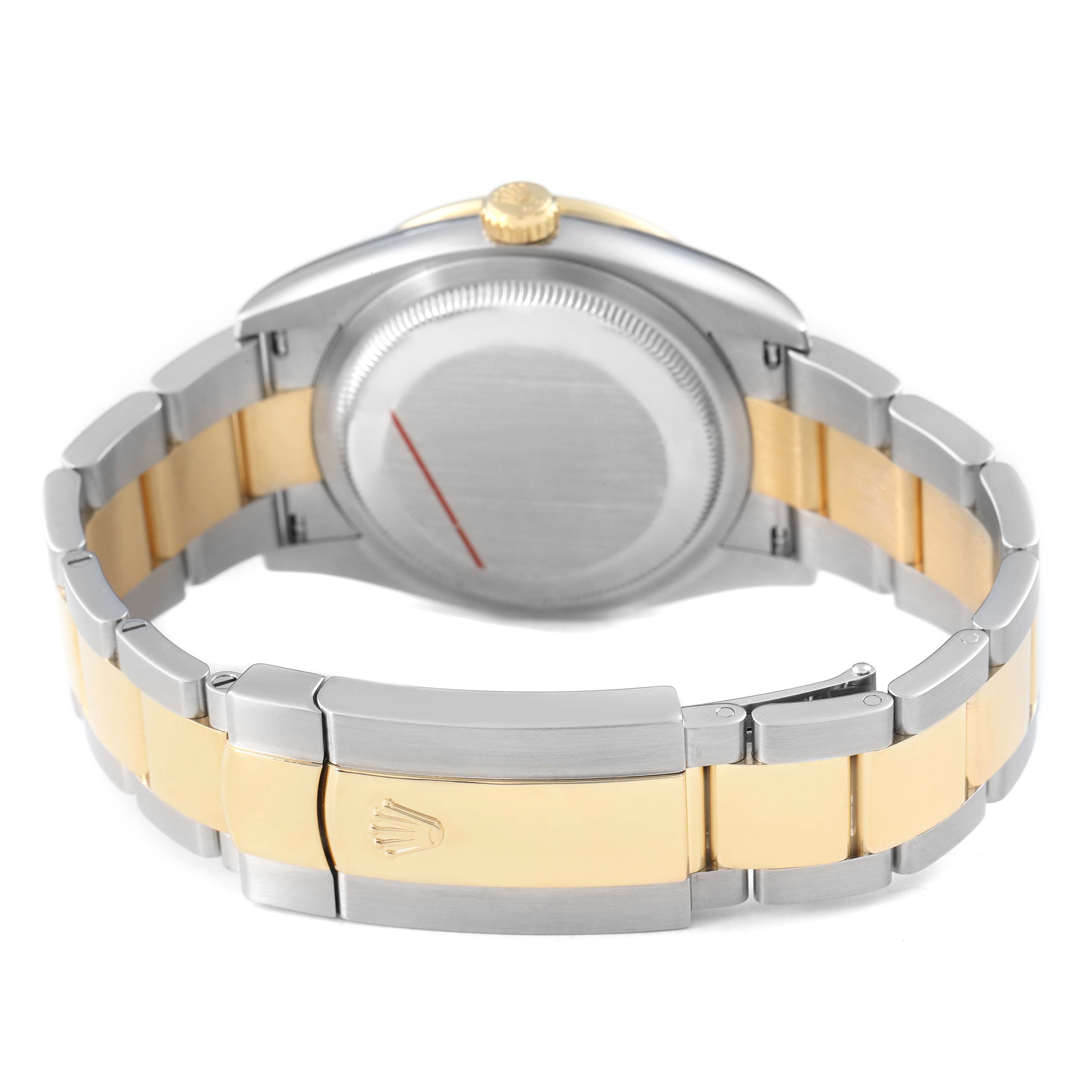 The image shows the back view of a Rolex Datejust 126283 Men's Steel and Gold (two tone) White Dial watch, focusing on the bracelet and clasp, highlighting a two-tone design.