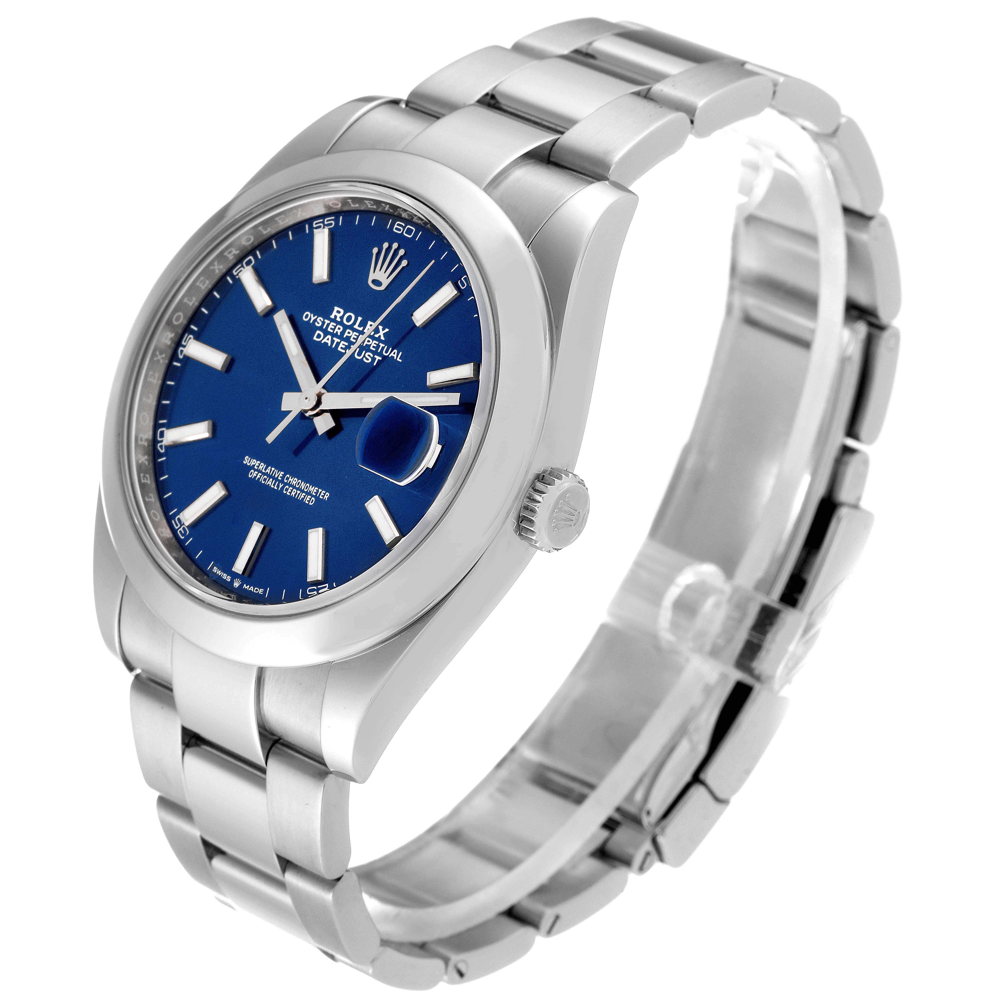 The Rolex Datejust 41 126300 Men's Stainless Steel Blue Dial 126300 Men's Stainless Steel Blue Dial watch is shown at an angled side view highlighting the dial, bracelet, and crown.