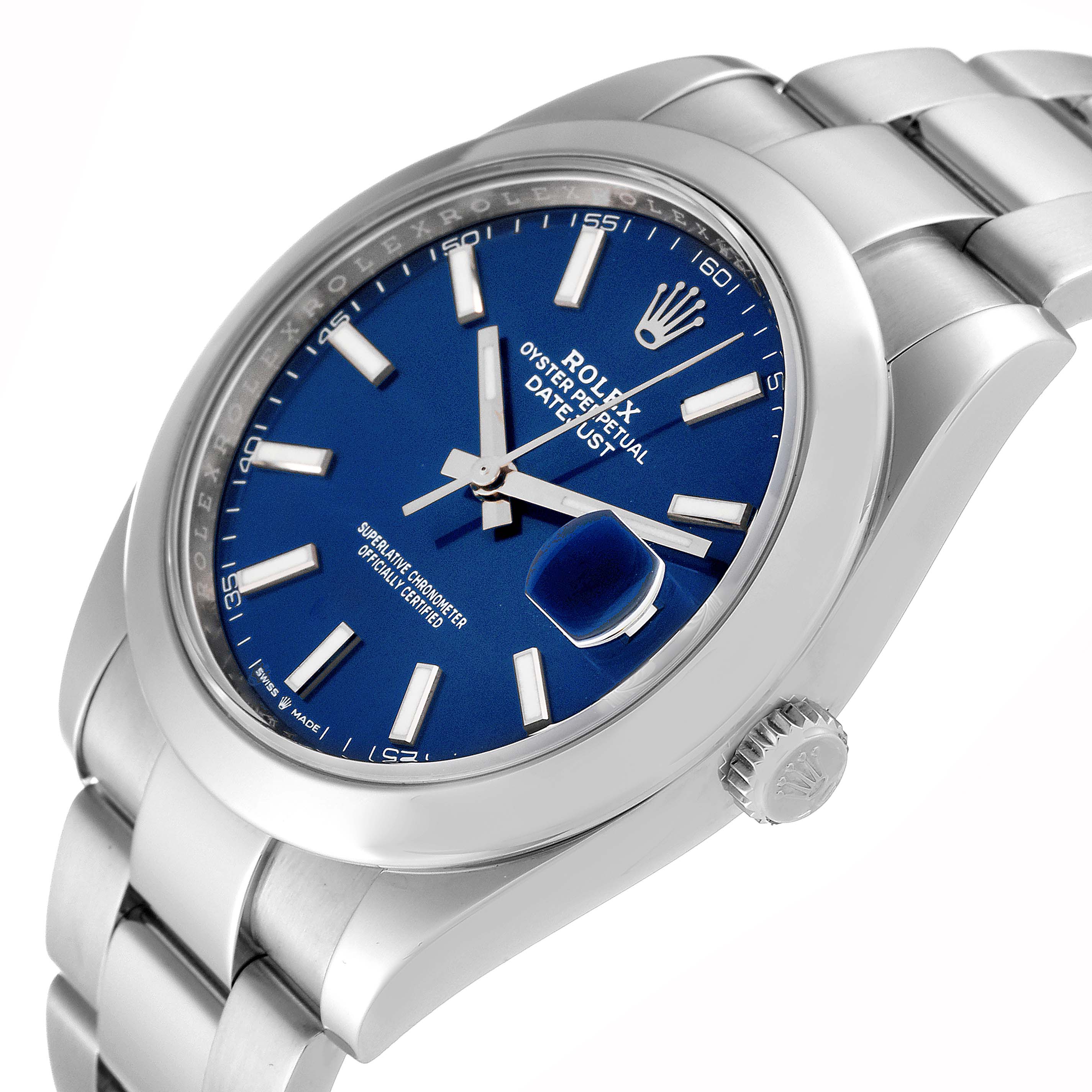 The image shows a Rolex Datejust 41 126300 Men's Stainless Steel Blue Dial 126300 Men's Stainless Steel Blue Dial watch at a three-quarter angle, focusing on the dial, bezel, and part of the bracelet.