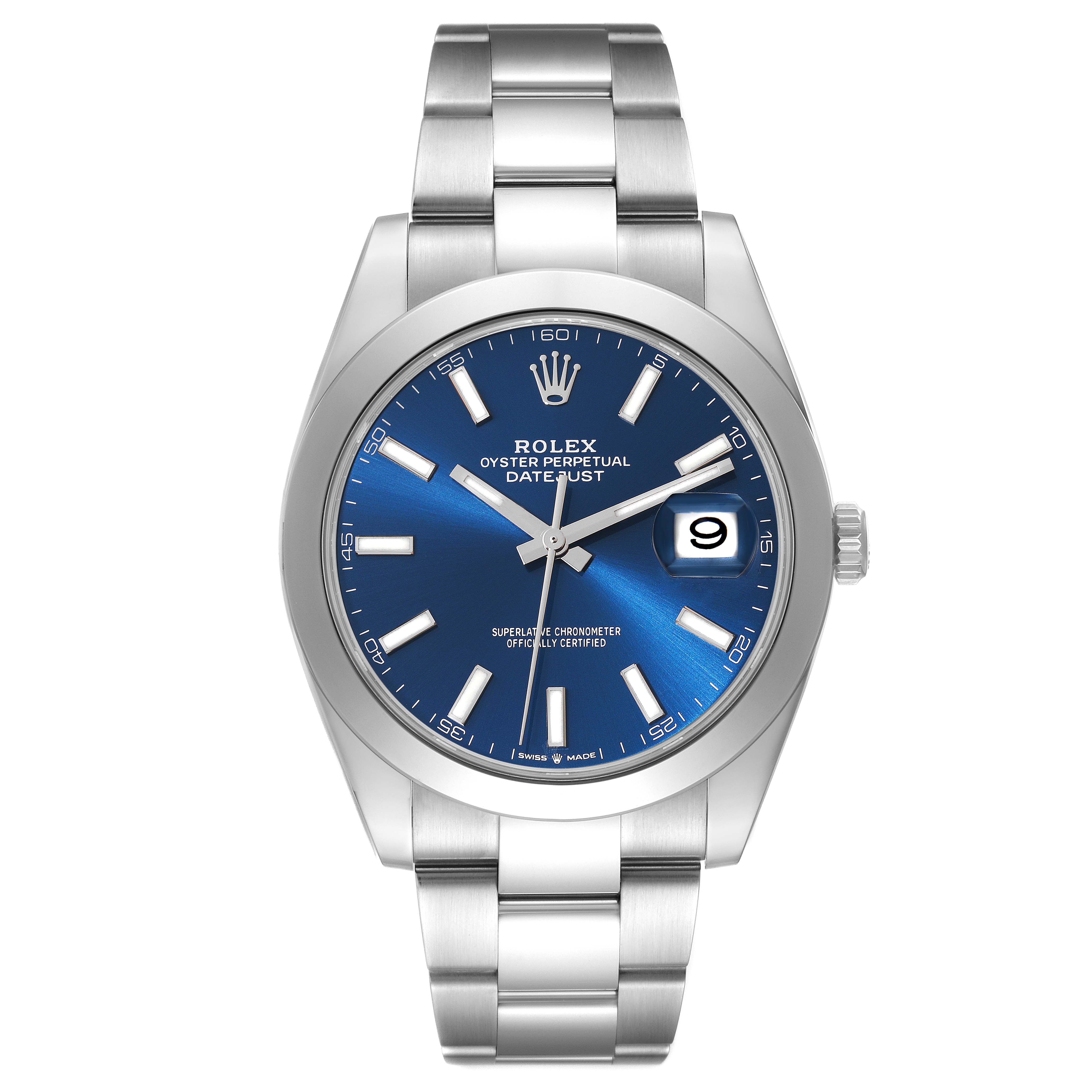 The image shows a frontal view of the Rolex Datejust 41 126300 Men's Stainless Steel Blue Dial 126300 Men's Stainless Steel Blue Dial watch, featuring the blue dial, date display, and stainless steel bracelet.