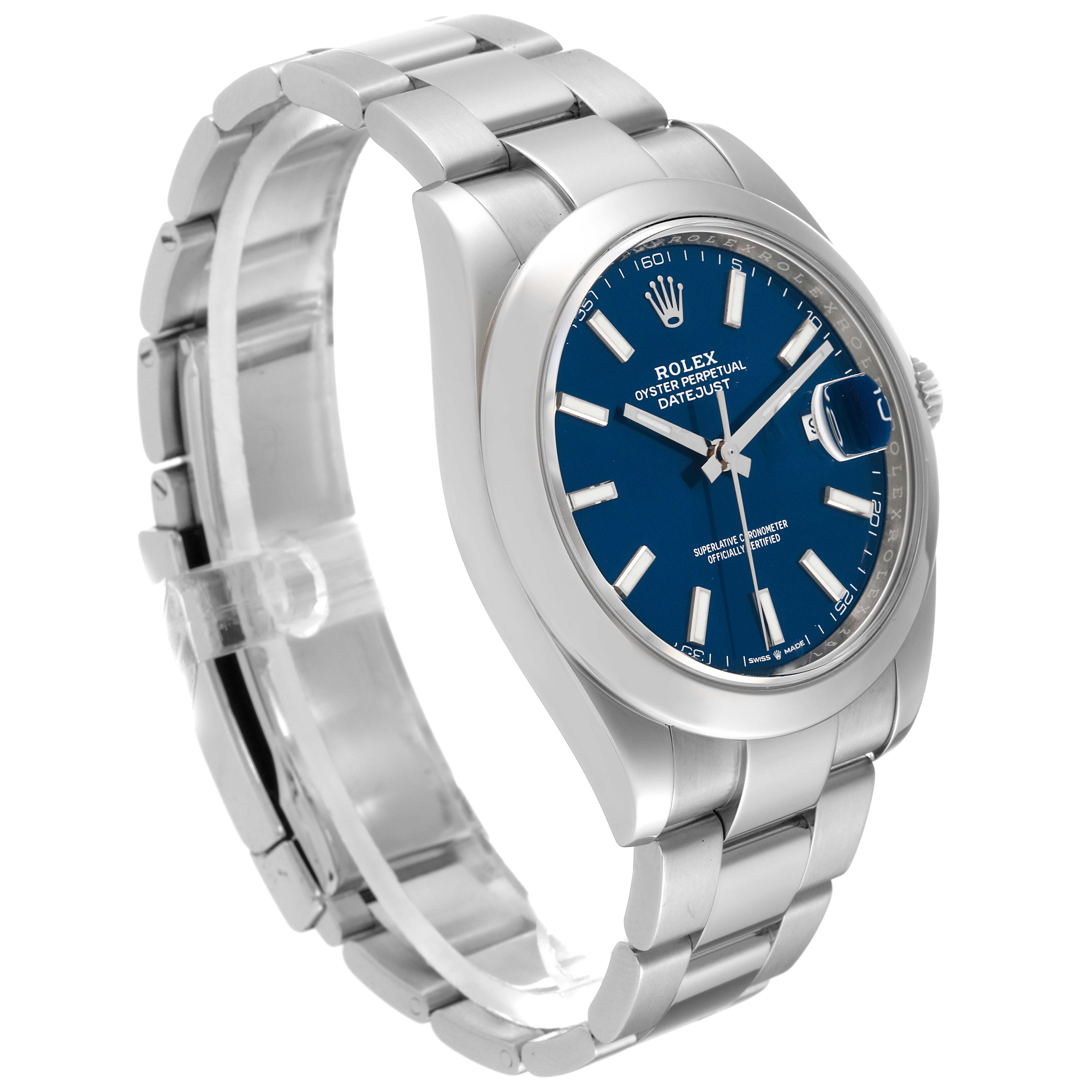 This image shows a Rolex Datejust 41 126300 Men's Stainless Steel Blue Dial 126300 Men's Stainless Steel Blue Dial watch from a left-angle view, highlighting its blue dial, case, and bracelet.