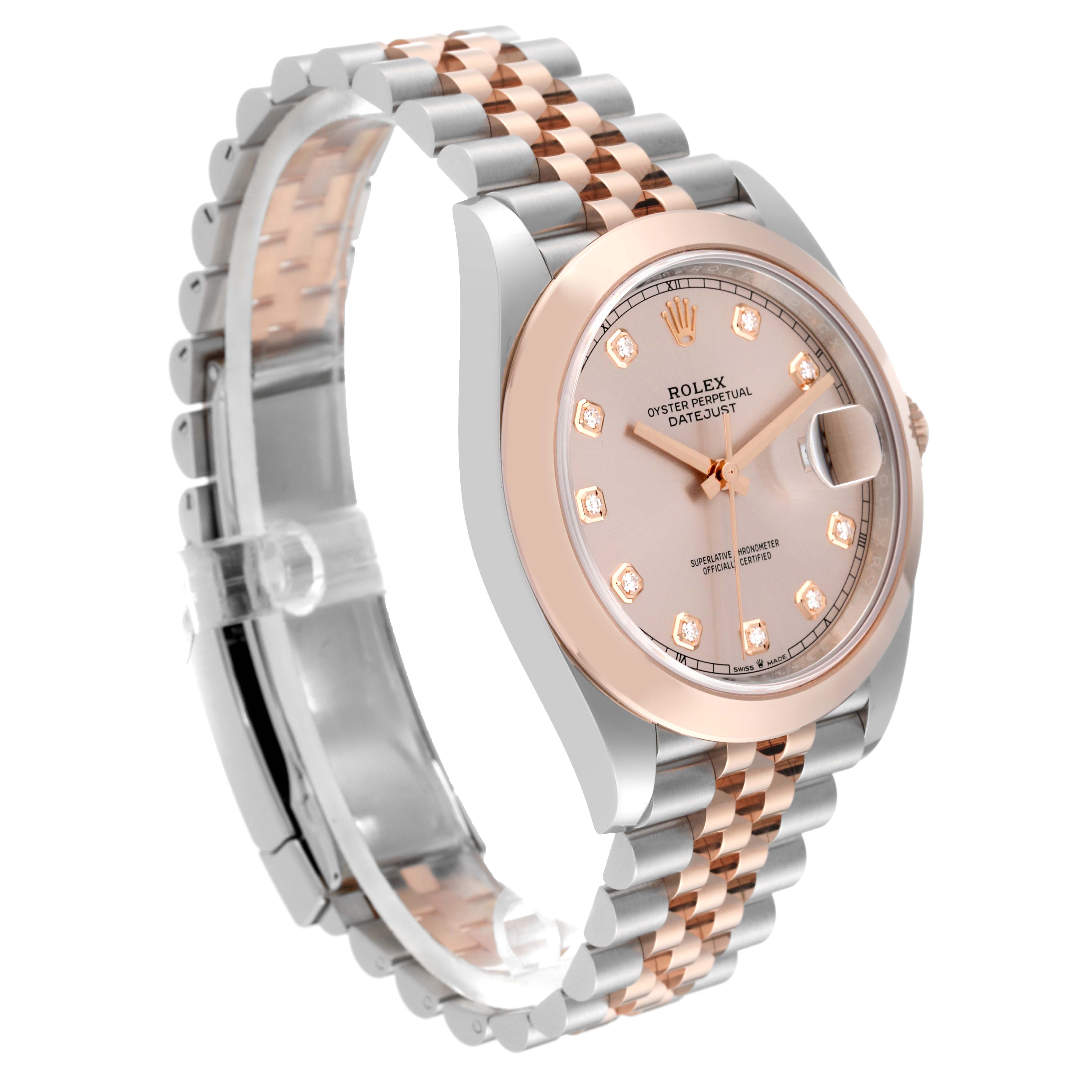 The image shows a Rolex Datejust 41 126301 Men
s Steel and Gold (two tone) Pink Dial 126301 Men
s Steel and Gold (two tone) Pink Dial model at a slight angle, highlighting the face, bezel, and two-tone jubilee bracelet.