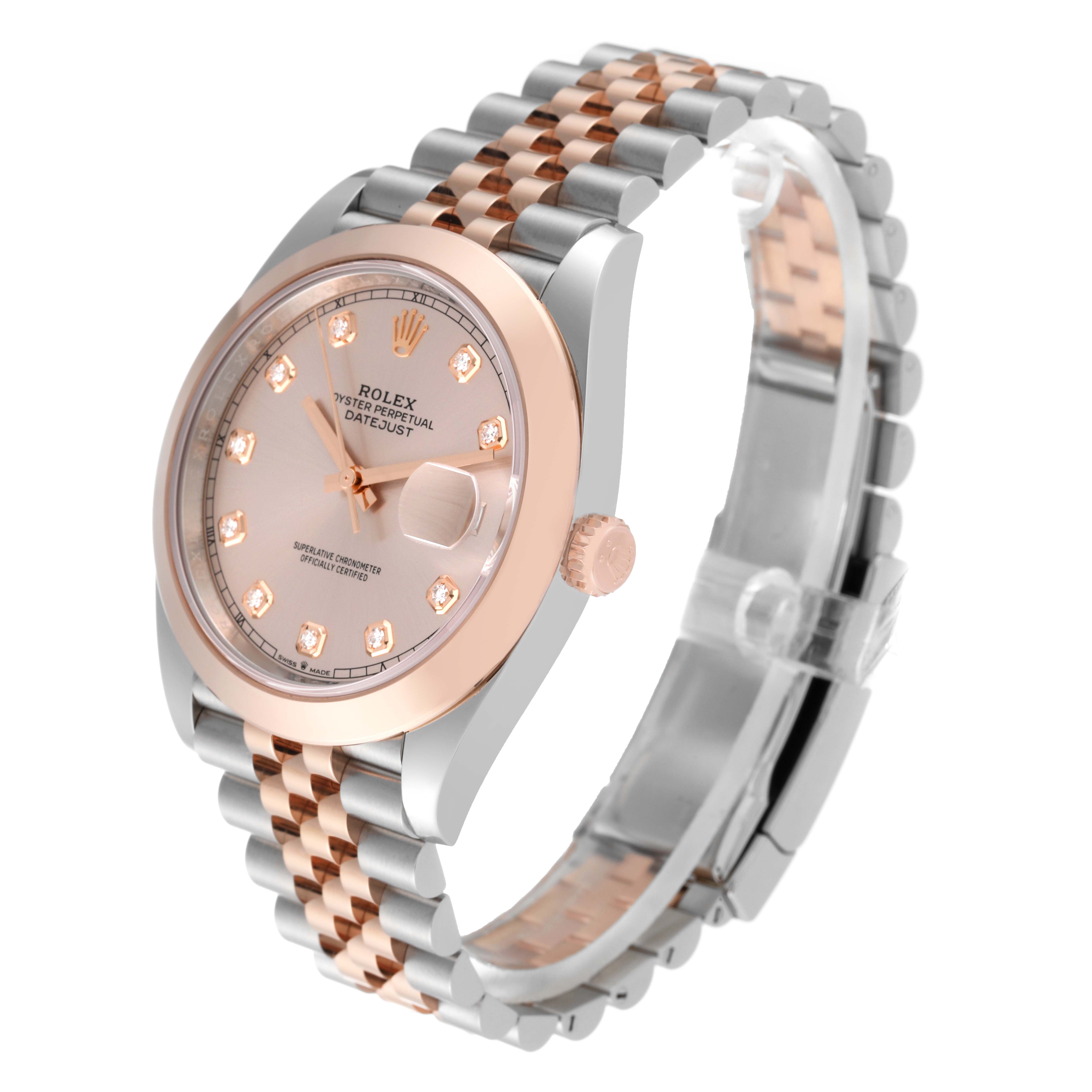 This image shows a Rolex Datejust 41 126301 Men
s Steel and Gold (two tone) Pink Dial 126301 Men
s Steel and Gold (two tone) Pink Dial watch at a slight angle, highlighting the face, bezel, and part of the bracelet.