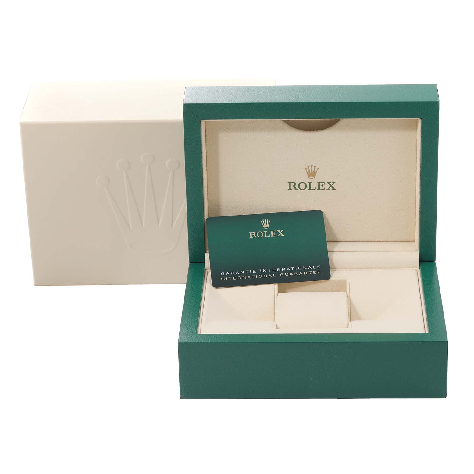 This image shows the box and international guarantee card for a Rolex Datejust 41 126301 Men
s Steel and Gold (two tone) Pink Dial 126301 Men
s Steel and Gold (two tone) Pink Dial model.