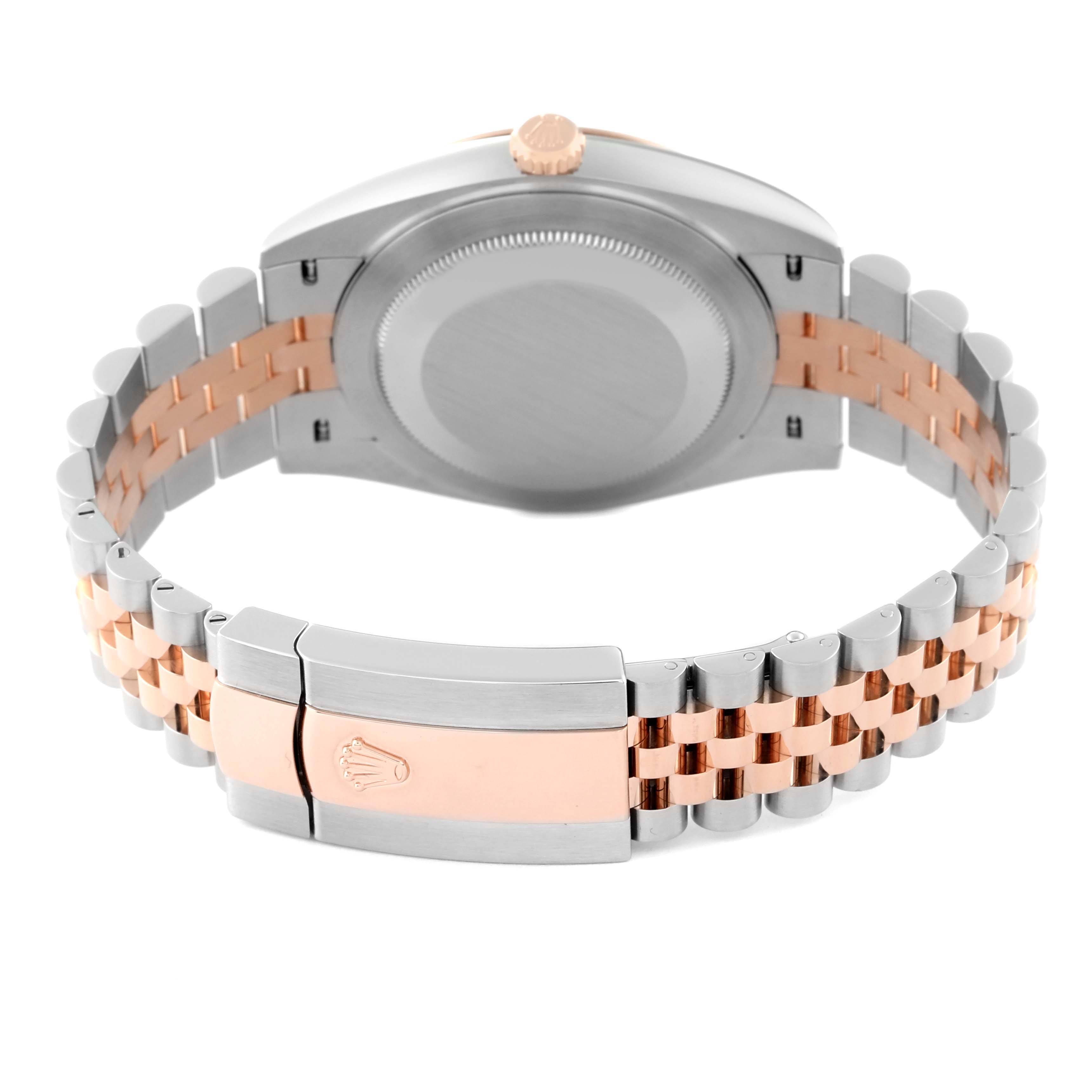 This image shows the back view of a Rolex Datejust 41 126301 Men
s Steel and Gold (two tone) Pink Dial 126301 Men
s Steel and Gold (two tone) Pink Dial watch, highlighting its case, crown, and Jubilee bracelet clasp.