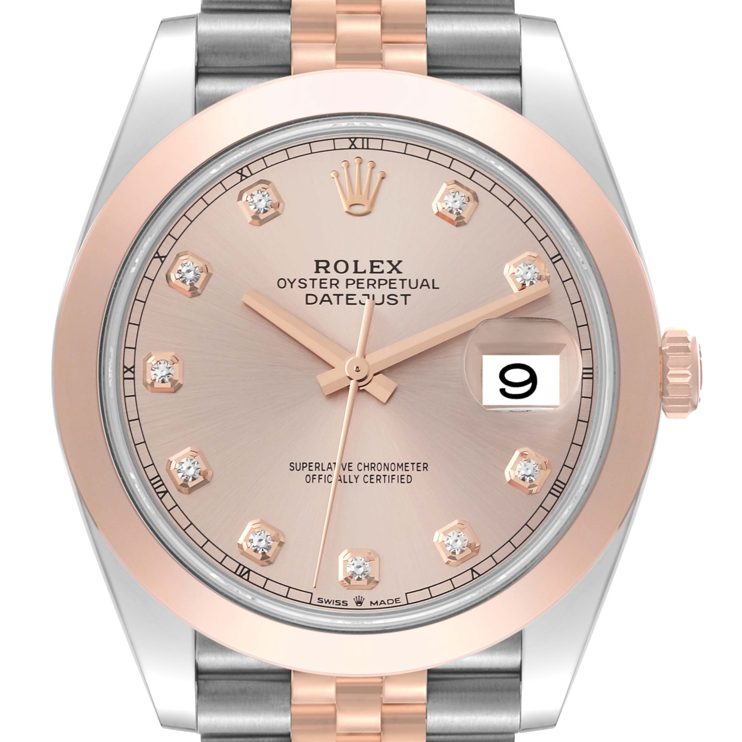 This image shows a frontal view of the Rolex Datejust 41 126301 Men
s Steel and Gold (two tone) Pink Dial 126301 Men
s Steel and Gold (two tone) Pink Dial, highlighting its dial, bezel, crown, and part of the bracelet.