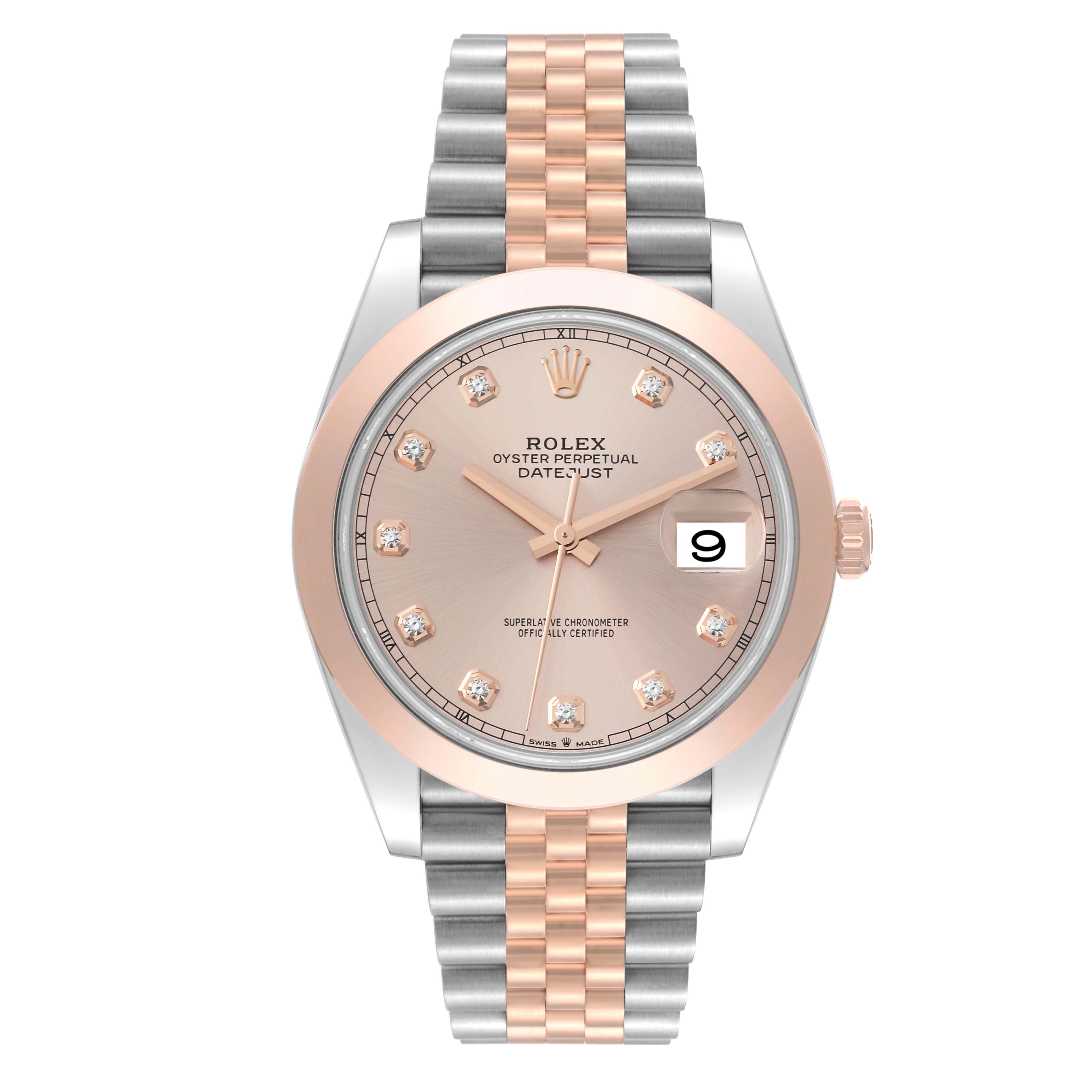 The image shows a front view of a Rolex Datejust 41 126301 Men
s Steel and Gold (two tone) Pink Dial 126301 Men
s Steel and Gold (two tone) Pink Dial watch with a two-tone bracelet and diamond hour markers.