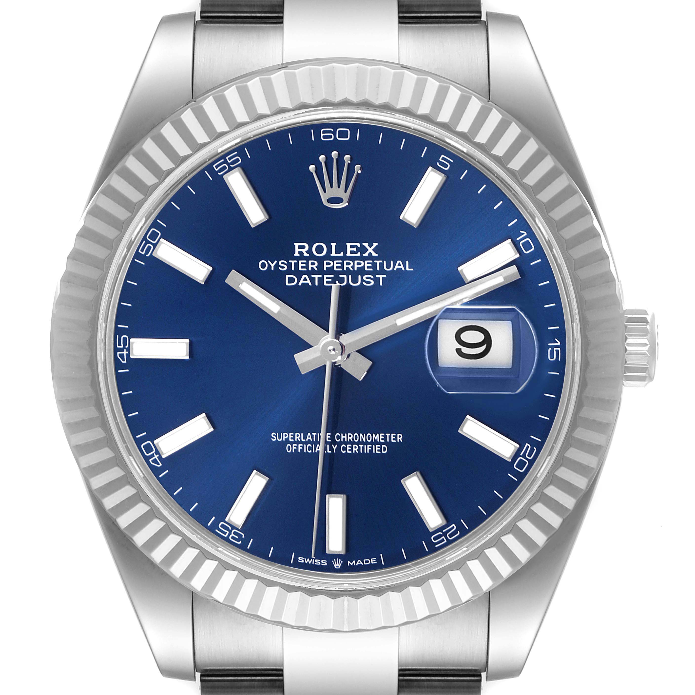 This image shows a front view of the Rolex Datejust 41 126334 Men
s Stainless Steel Blue Dial 126334 Men
s Stainless Steel Blue Dial watch, featuring its blue dial, date window, and fluted bezel.