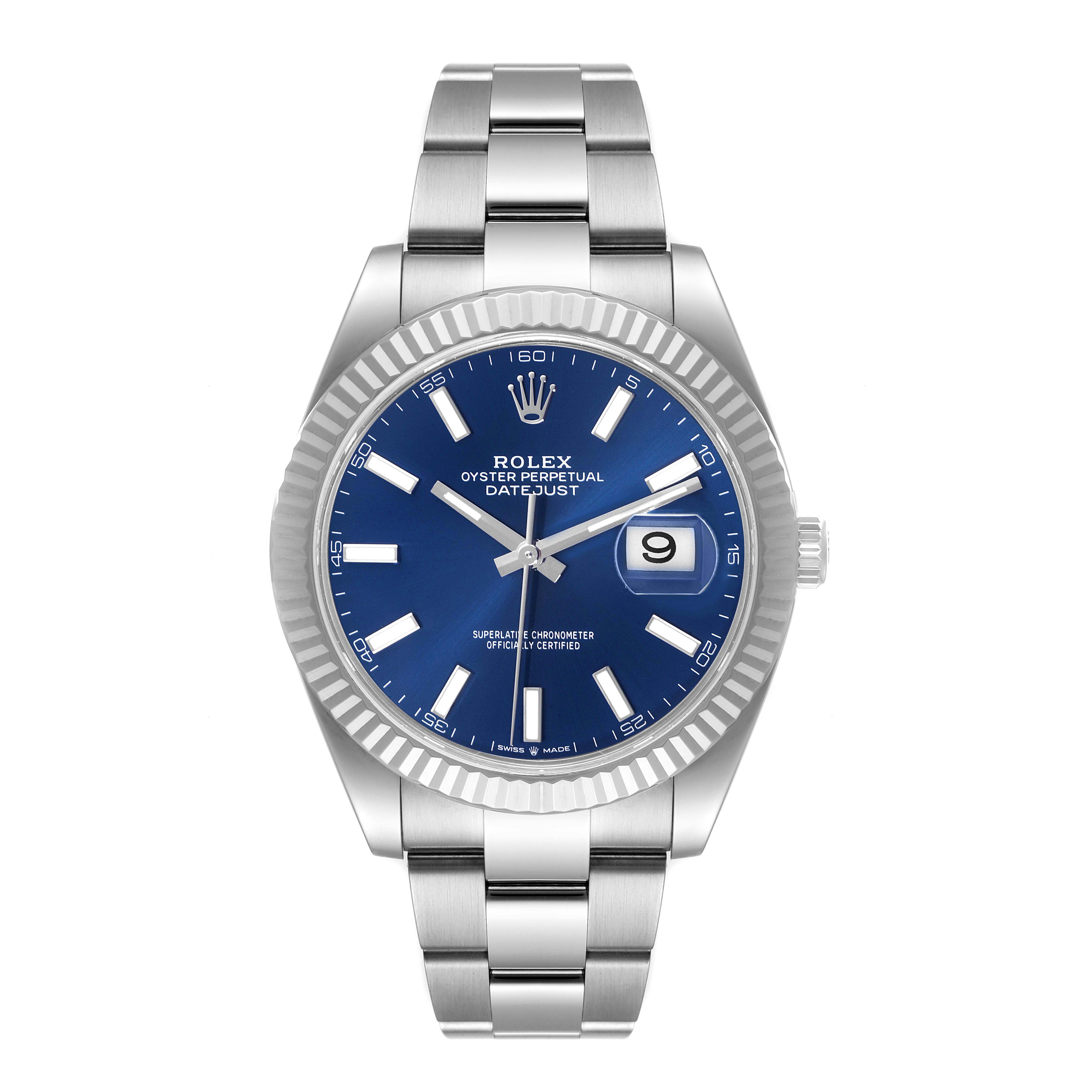 The image shows a front view of the Rolex Datejust 41 126334 Men
s Stainless Steel Blue Dial 126334 Men
s Stainless Steel Blue Dial watch, featuring a blue dial, fluted bezel, and oyster bracelet.
