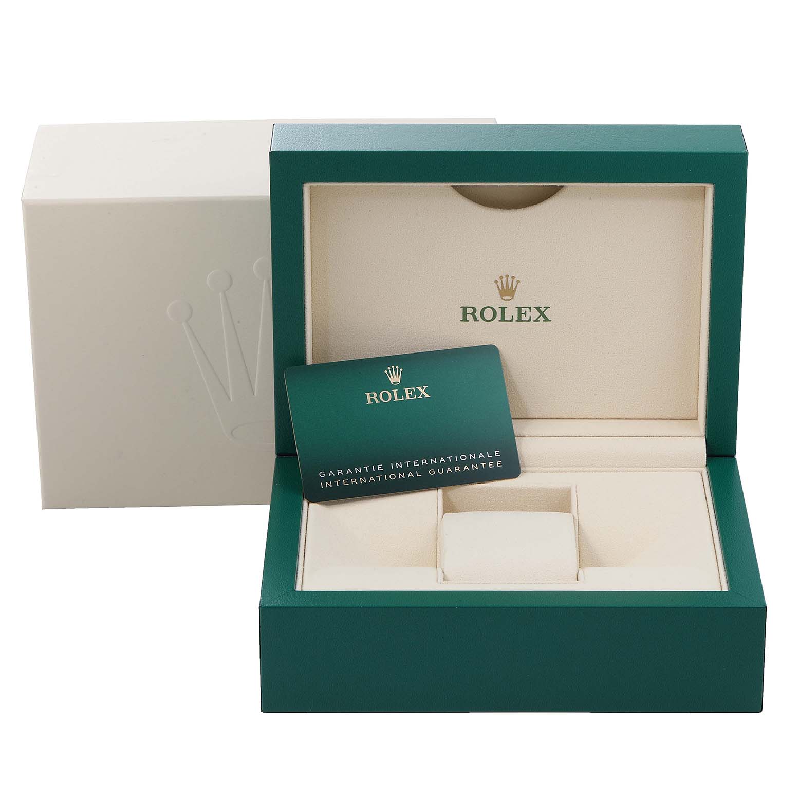 The image shows the packaging box and international guarantee card for a Rolex Datejust 41 126334 Men
s Stainless Steel Blue Dial 126334 Men
s Stainless Steel Blue Dial model watch.