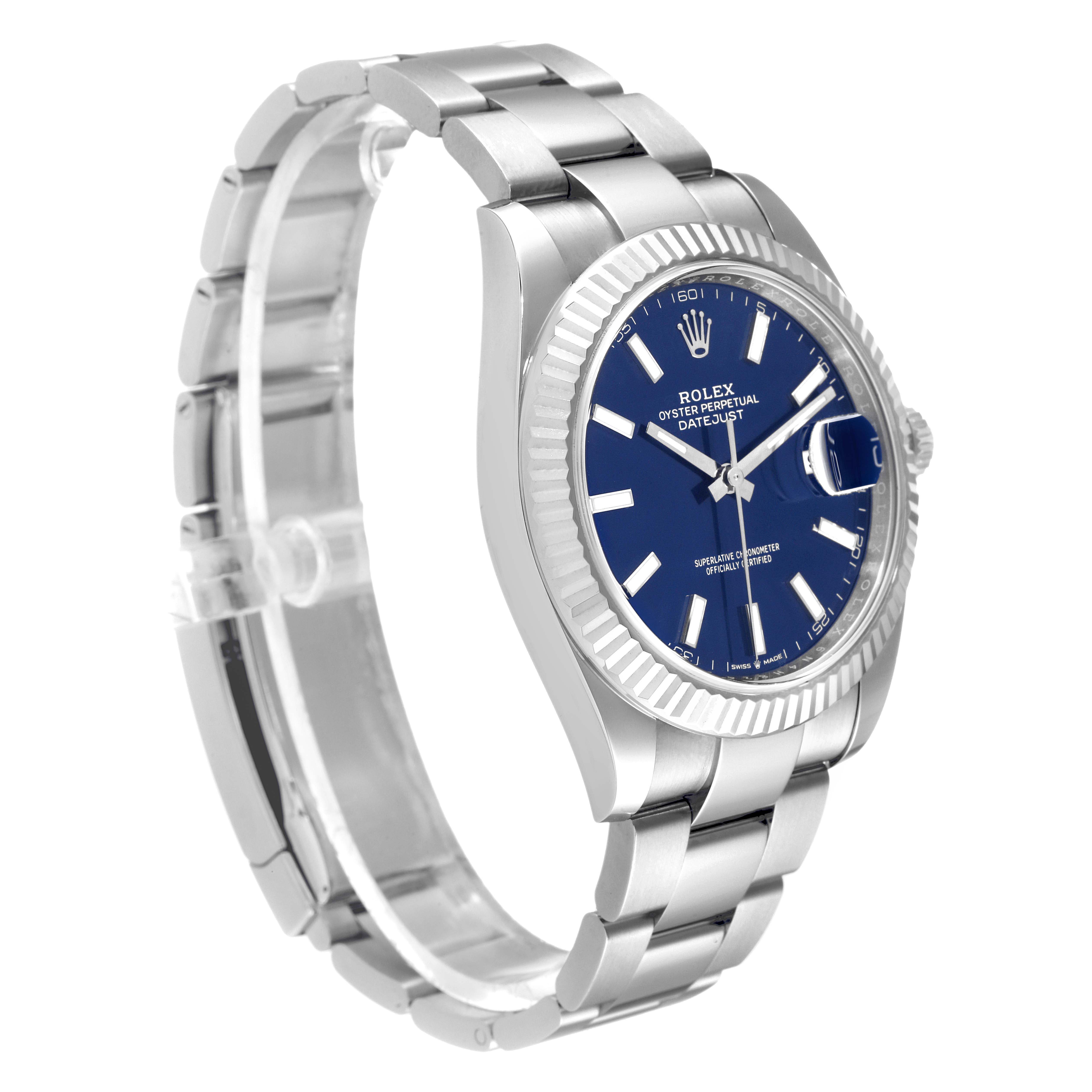 The Rolex Datejust 41 126334 Men
s Stainless Steel Blue Dial 126334 Men
s Stainless Steel Blue Dial watch is shown at a three-quarter angle, displaying the face, case, and part of the bracelet.