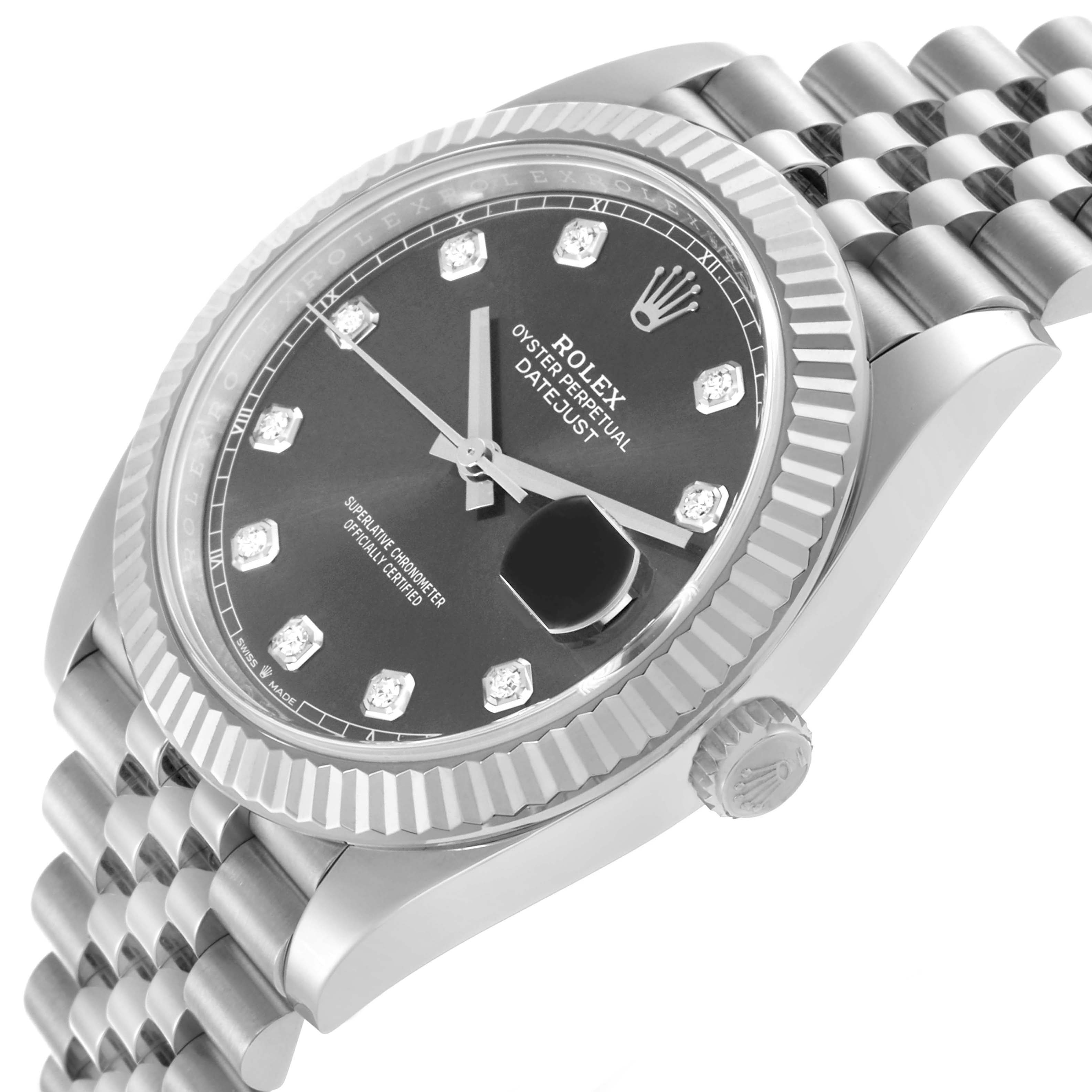 The Rolex Datejust 41 126334 Men's Stainless Steel Grey Dial 126334 Men's Stainless Steel Grey Dial is shown at a slight angle, highlighting the dial, bezel, and part of the bracelet.