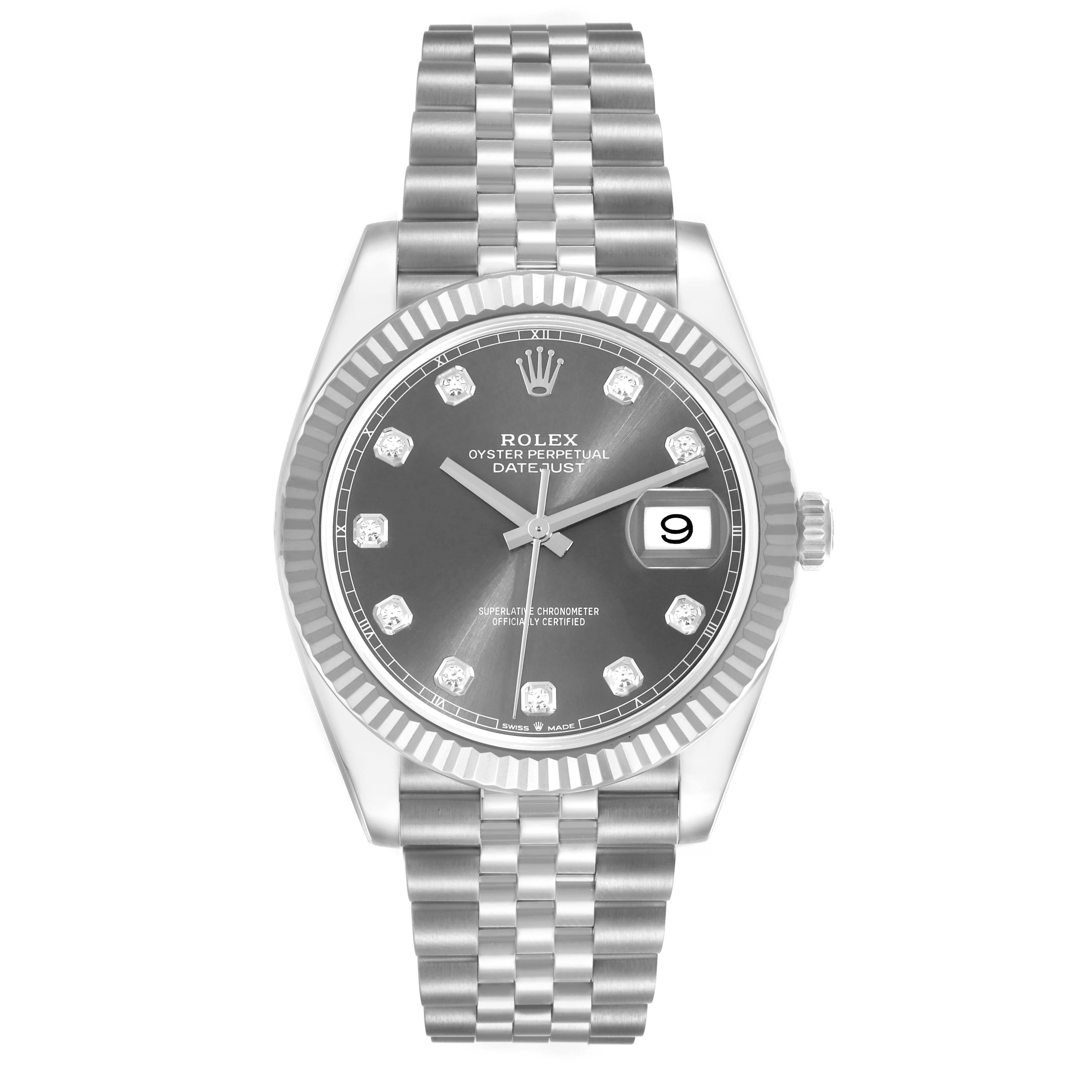The Rolex Datejust 41 126334 Men's Stainless Steel Grey Dial 126334 Men's Stainless Steel Grey Dial is shown from a front angle, displaying the dial, bezel, and bracelet.