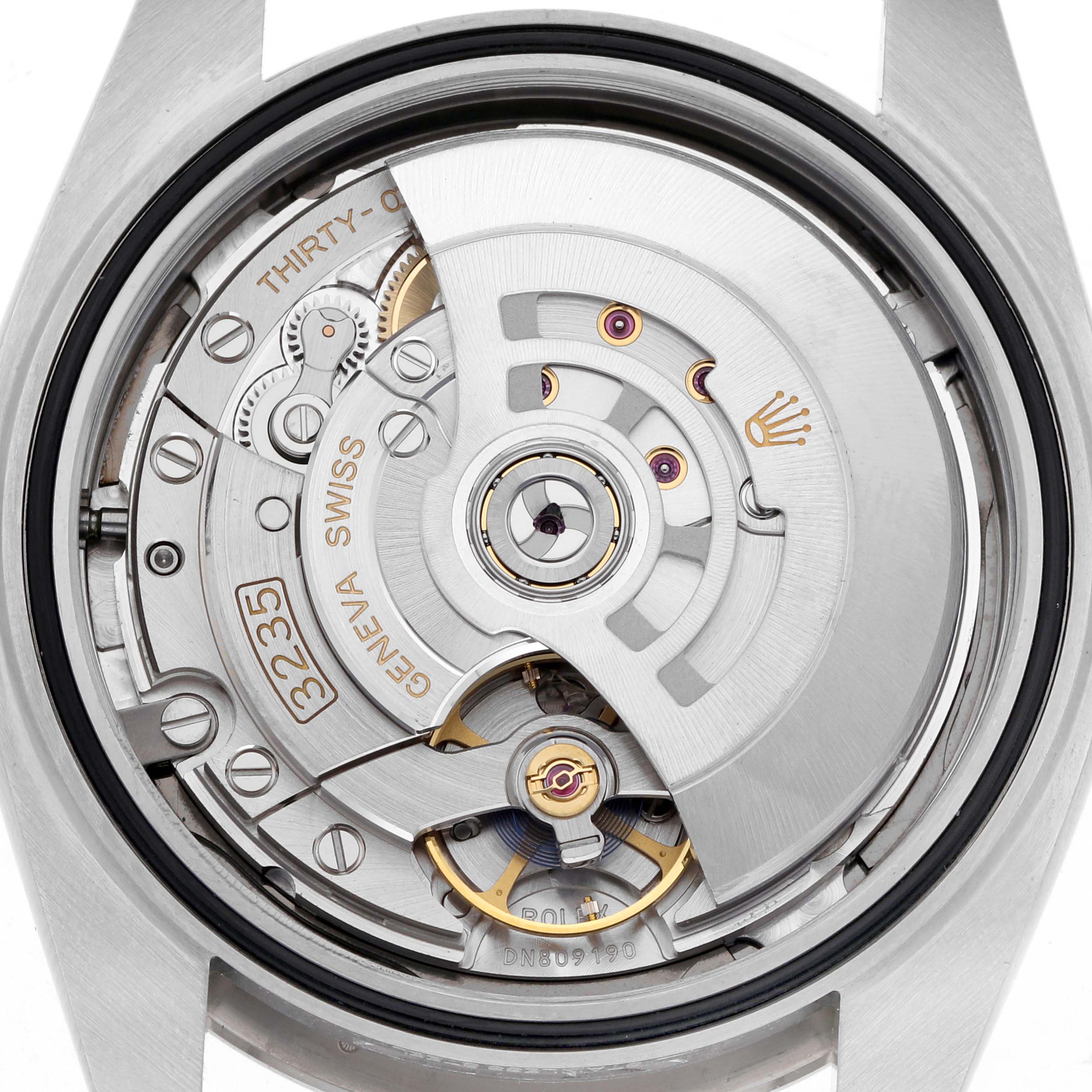 The image shows the back view of the Rolex Datejust 41 126334 Men's Stainless Steel Grey Dial 126334 Men's Stainless Steel Grey Dial, highlighting its movement and internal components.