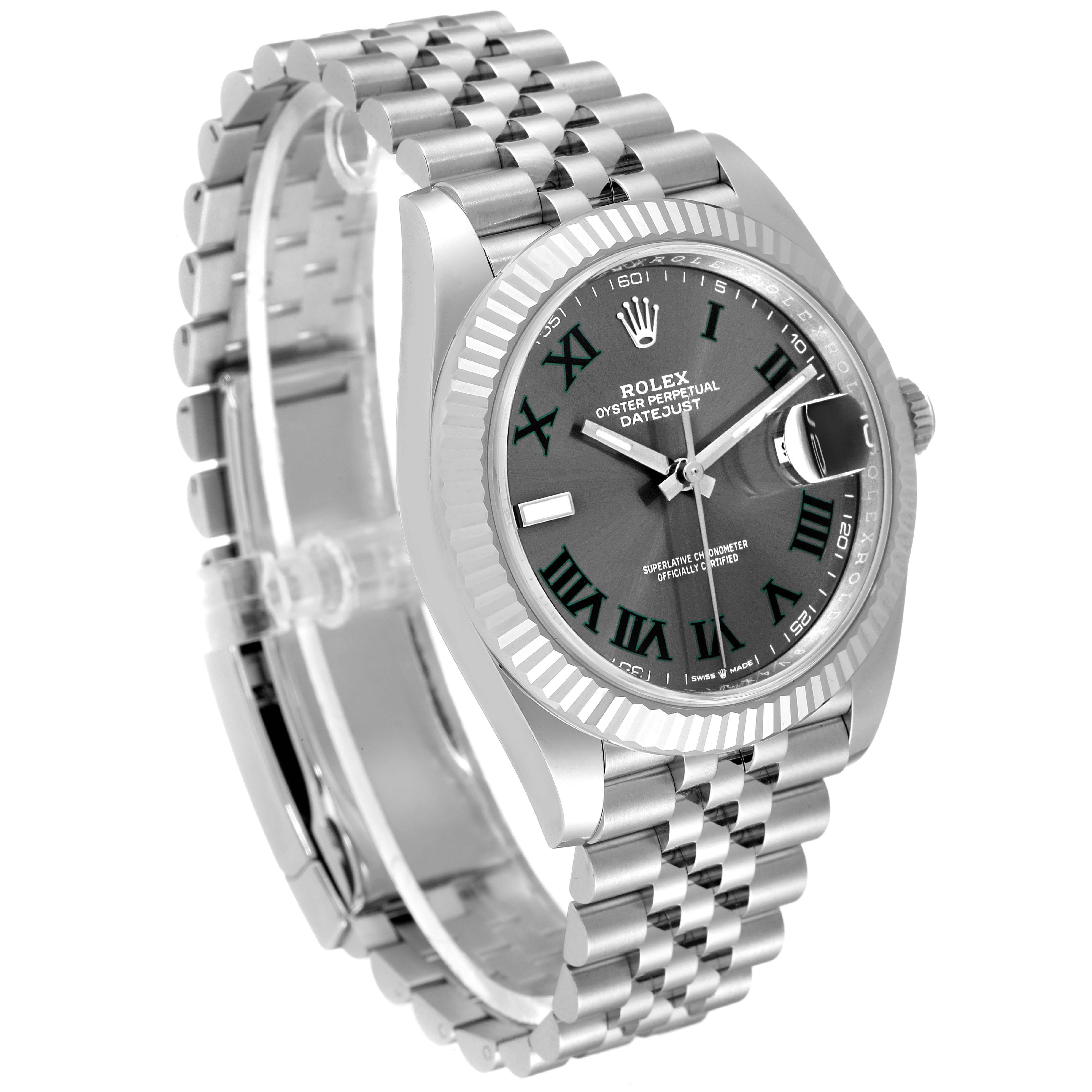 The Rolex Datejust 41 126334 Men
s Stainless Steel Grey Dial 126334 Men
s Stainless Steel Grey Dial model is shown at an angle displaying the case, bracelet, dial, and bezel.