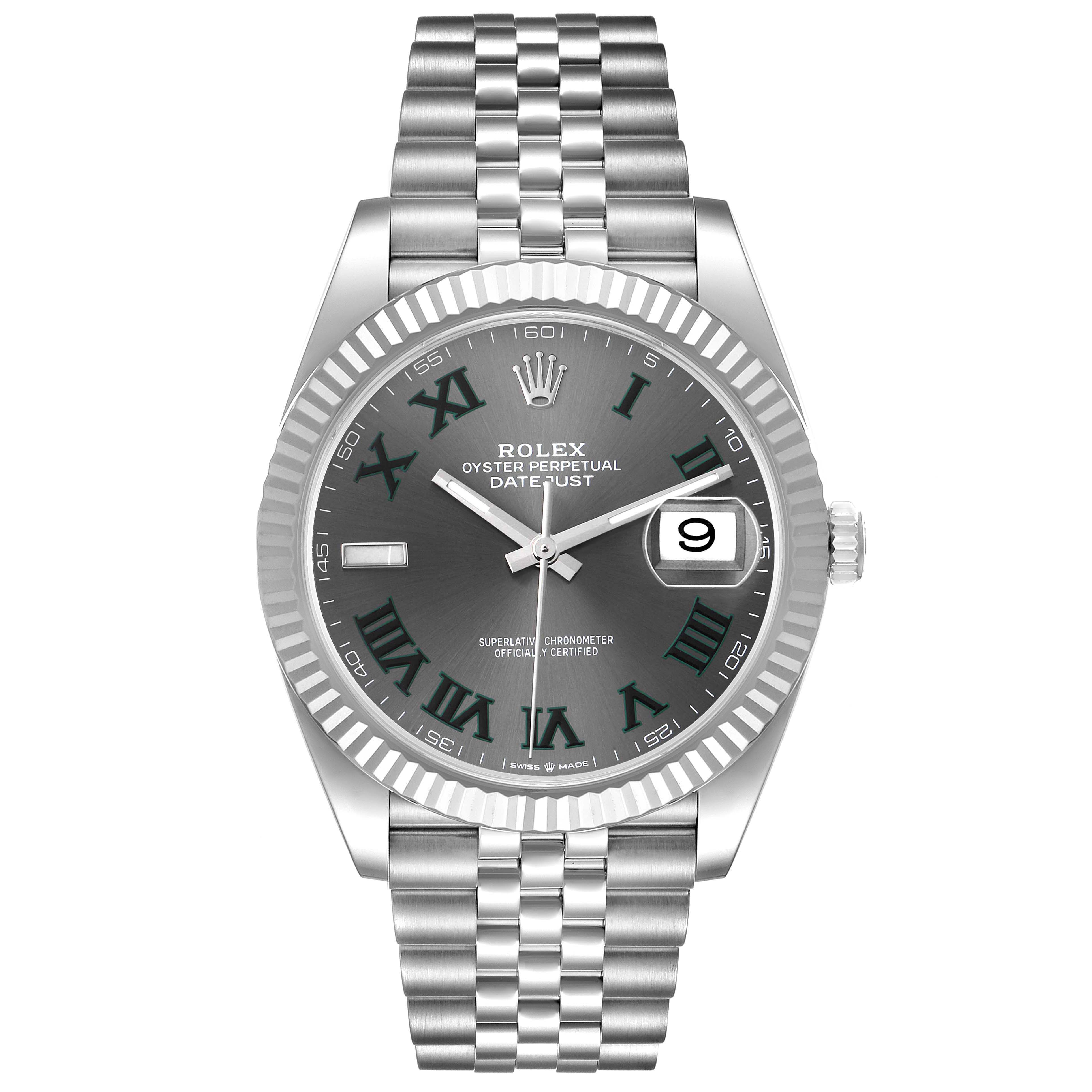 This image shows a front angle of the Rolex Datejust 41 126334 Men
s Stainless Steel Grey Dial 126334 Men
s Stainless Steel Grey Dial watch, highlighting the face, bezel, and bracelet.