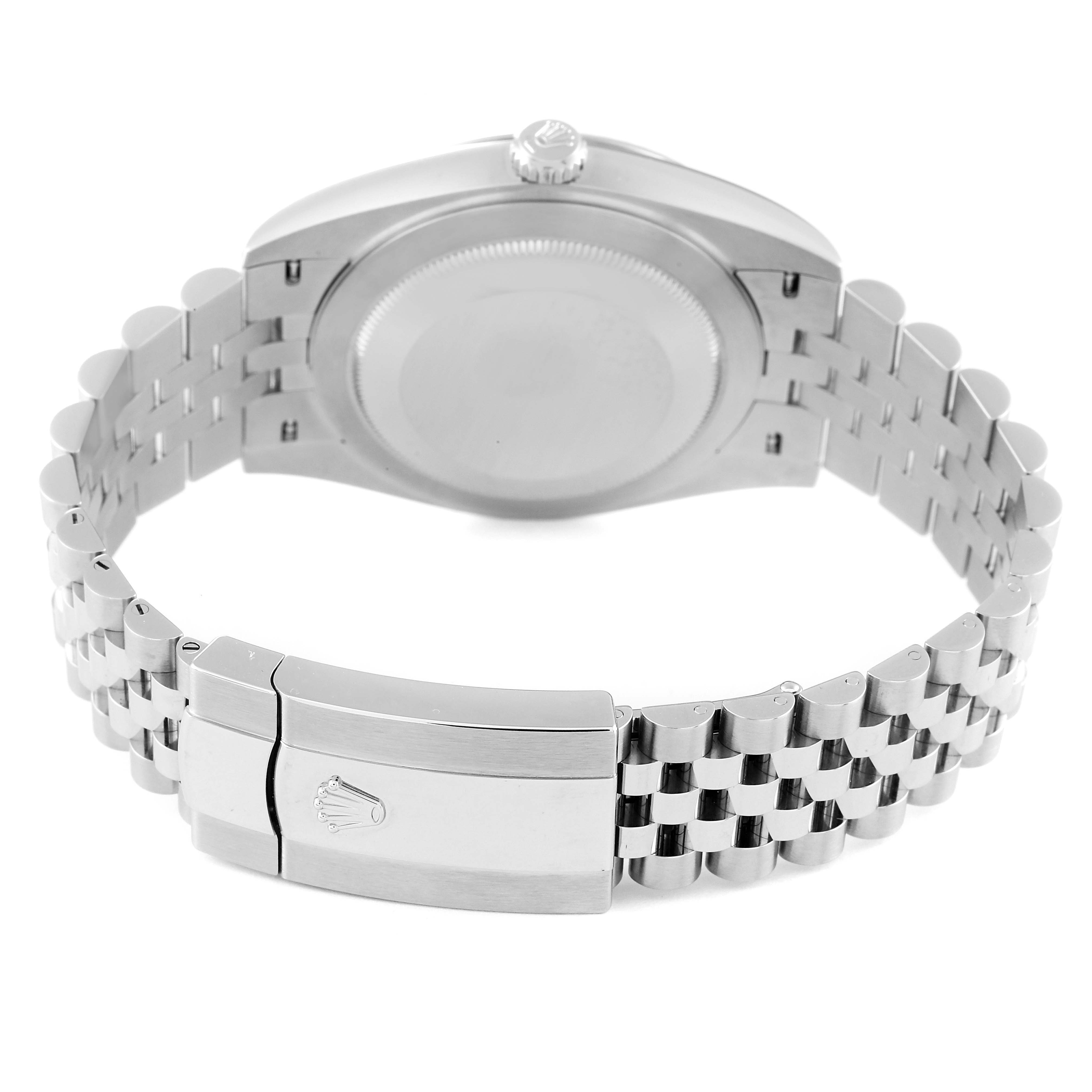 This image shows the back case and clasp of the Rolex Datejust 41 126334 Men
s Stainless Steel Grey Dial 126334 Men
s Stainless Steel Grey Dial watch, focusing on the bracelet and crown logo.