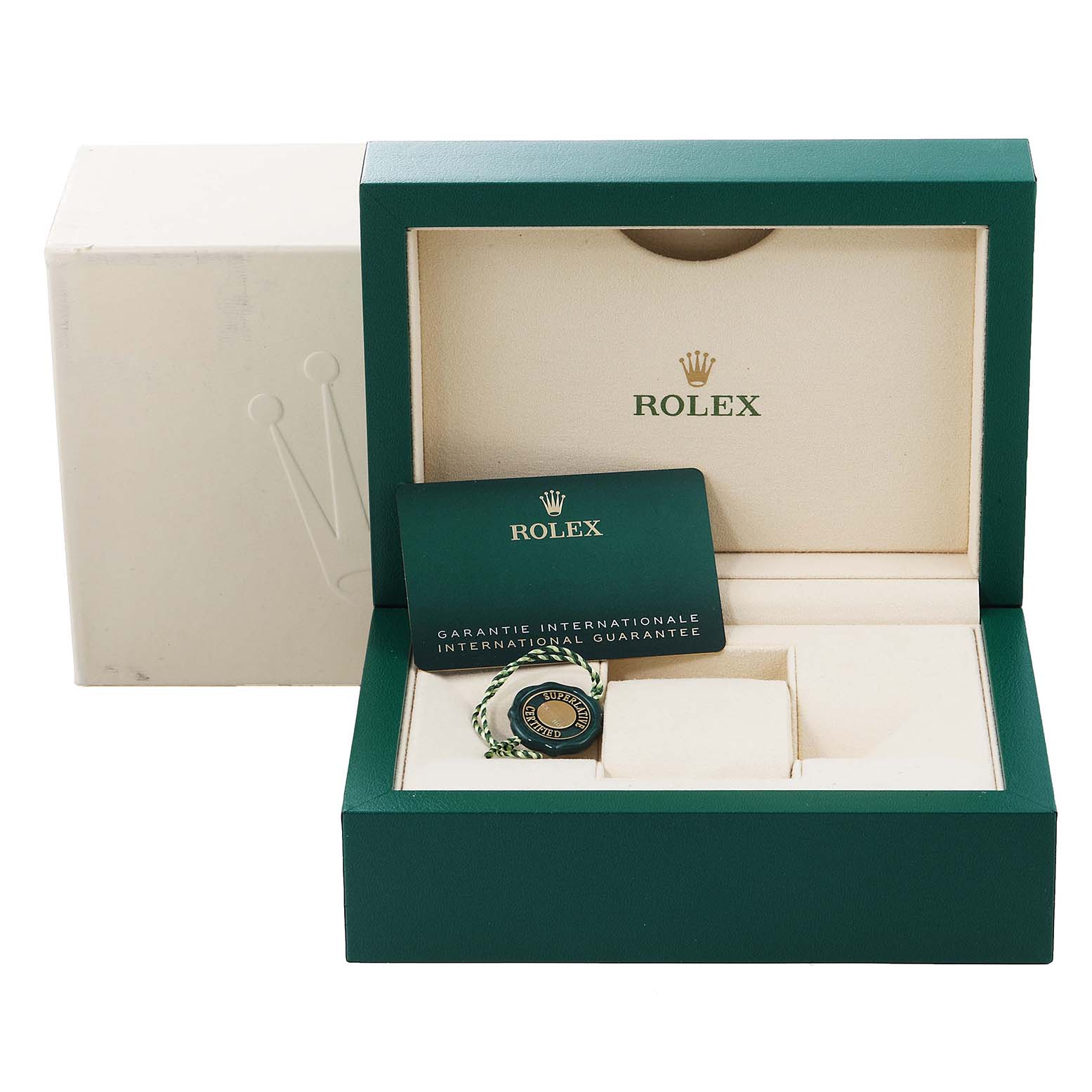 The image shows the open box of a Rolex Datejust 41 126334 Men
s Stainless Steel Grey Dial 126334 Men
s Stainless Steel Grey Dial watch, featuring the guarantee card and packaging accessories.