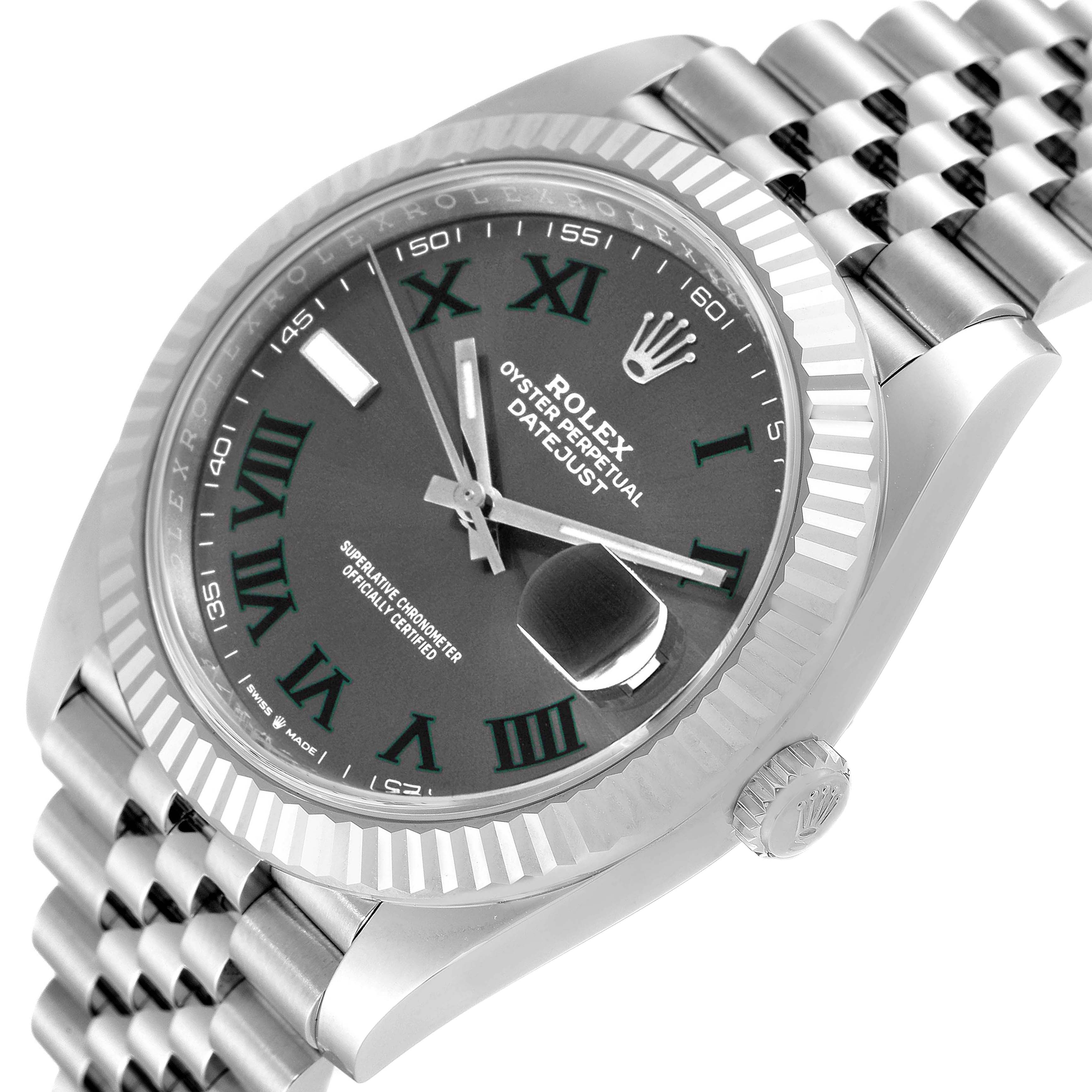 This image shows a Rolex Datejust 41 126334 Men
s Stainless Steel Grey Dial 126334 Men
s Stainless Steel Grey Dial watch, angled slightly to the right, displaying the dial, bezel, crown, and part of the bracelet.