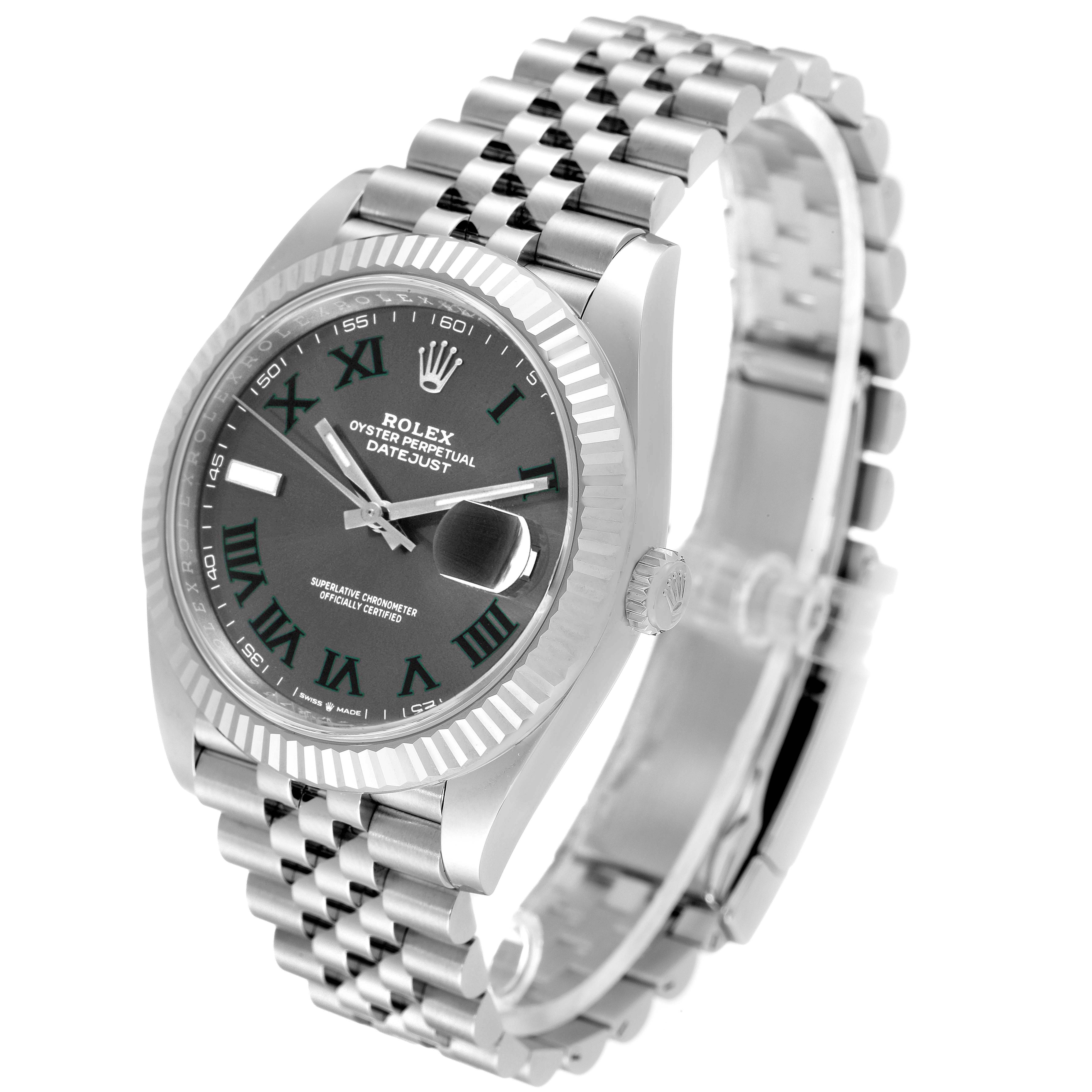 The image shows a Rolex Datejust 41 126334 Men
s Stainless Steel Grey Dial 126334 Men
s Stainless Steel Grey Dial model watch at a slight angle, highlighting the face, bracelet, and fluted bezel.