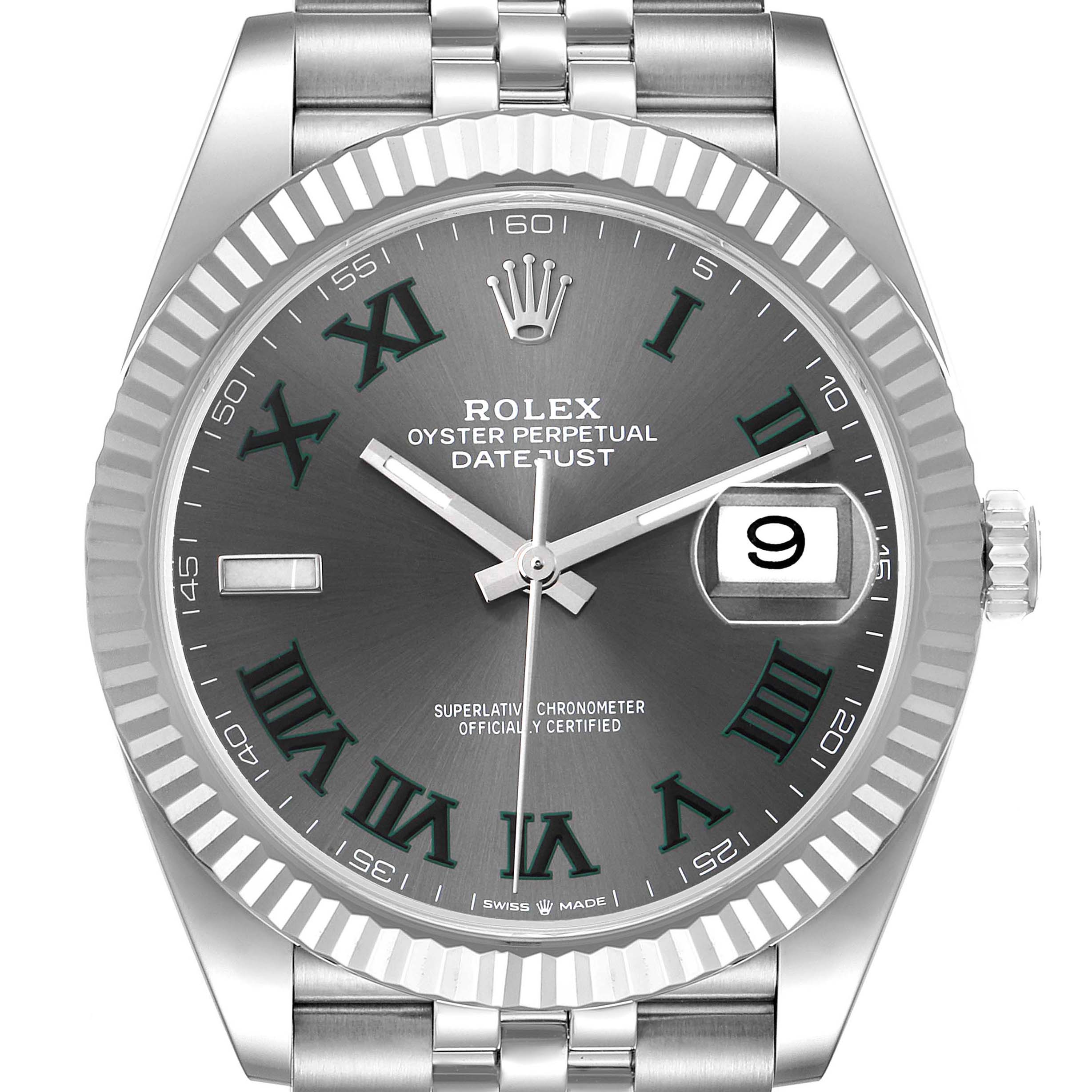 This image shows a frontal view of the Rolex Datejust 41 126334 Men
s Stainless Steel Grey Dial 126334 Men
s Stainless Steel Grey Dial, displaying the dial, fluted bezel, crown, and part of the bracelet.