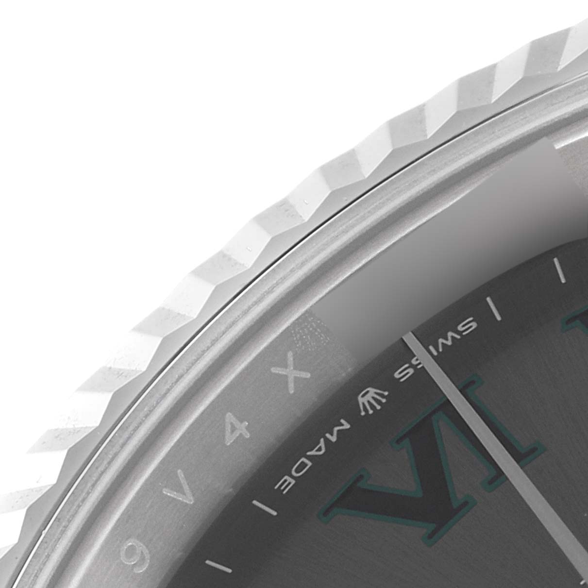 The image shows a close-up of the bezel, dial, and part of the Roman numeral markers of a Rolex Datejust 41 126334 Men
s Stainless Steel Grey Dial 126334 Men
s Stainless Steel Grey Dial watch.