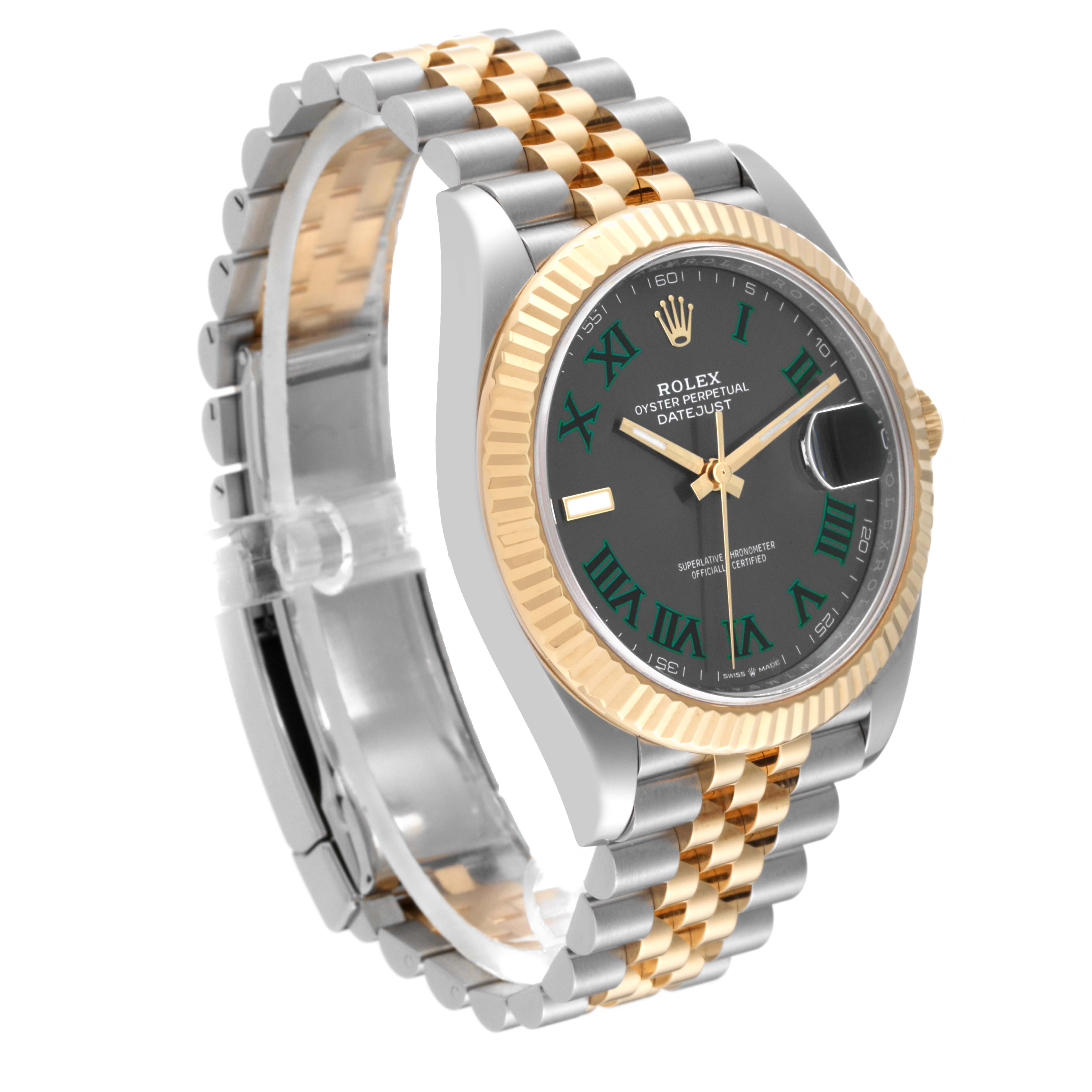 The image shows a Rolex Datejust 41 126333 Men's Steel and Gold (two tone) Grey Dial 126333 Men's Steel and Gold (two tone) Grey Dial model watch at a slight angle, highlighting its two-tone bracelet, fluted bezel, and dial.