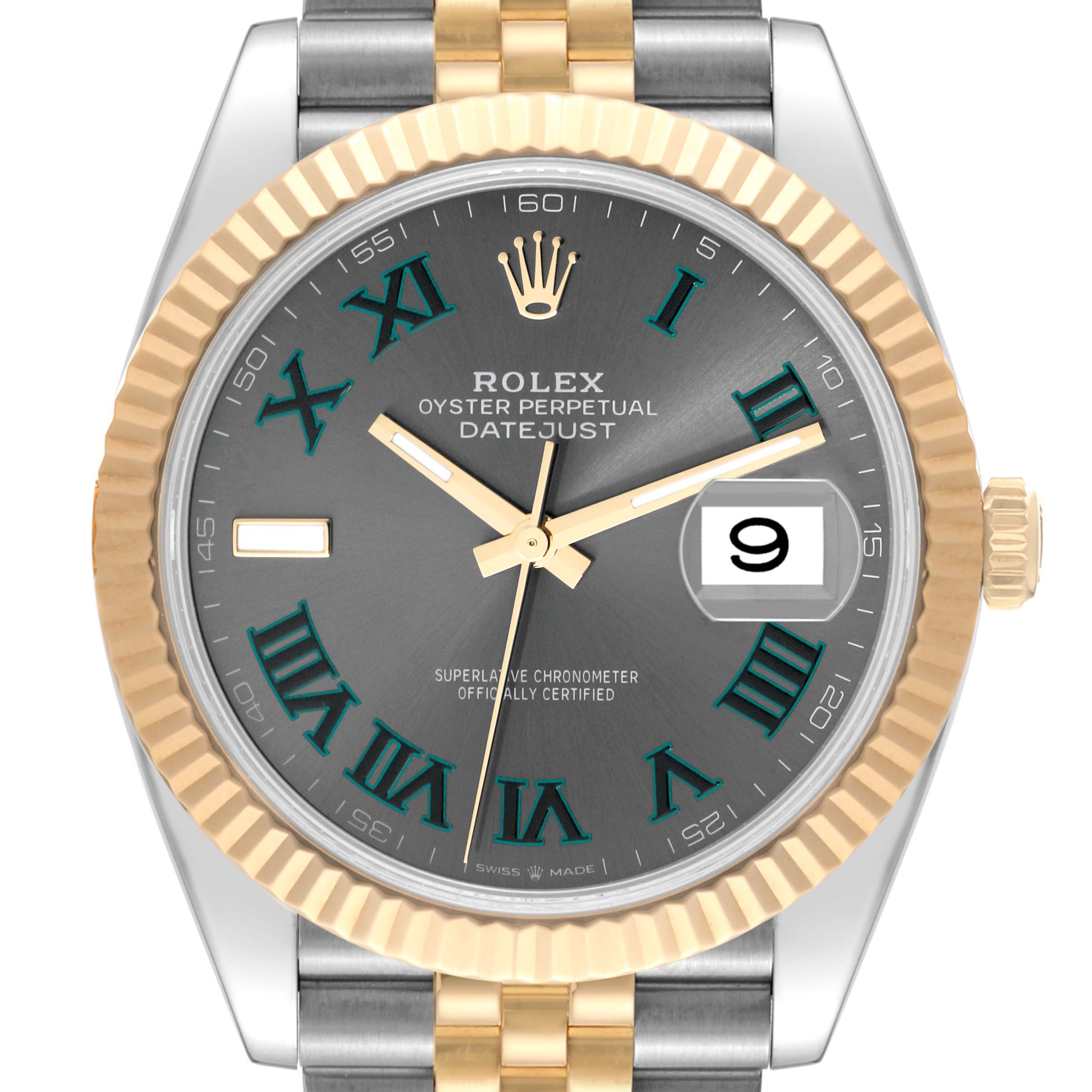 The Rolex Datejust 41 126333 Men's Steel and Gold (two tone) Grey Dial 126333 Men's Steel and Gold (two tone) Grey Dial watch is shown from the front, displaying the dial, hands, date window, bezel, and part of the bracelet.